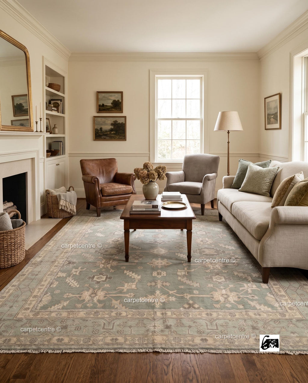 Sage Green Oushak Rug: Hand Knotted New Zealand Wool Carpet, Turkish Design