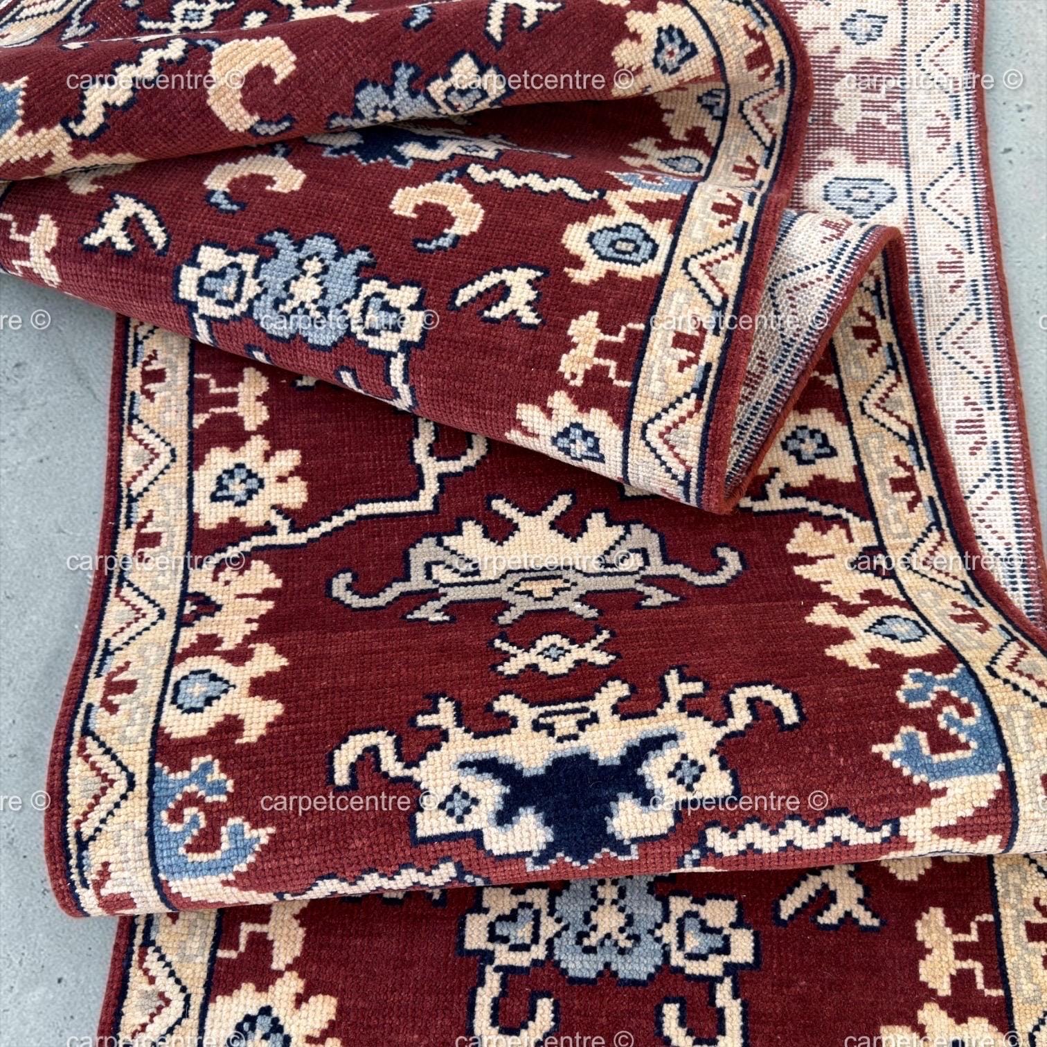 Hand-Knotted Rust Red Wool Runner Rug, Navy Blue Tribal Oushak Design