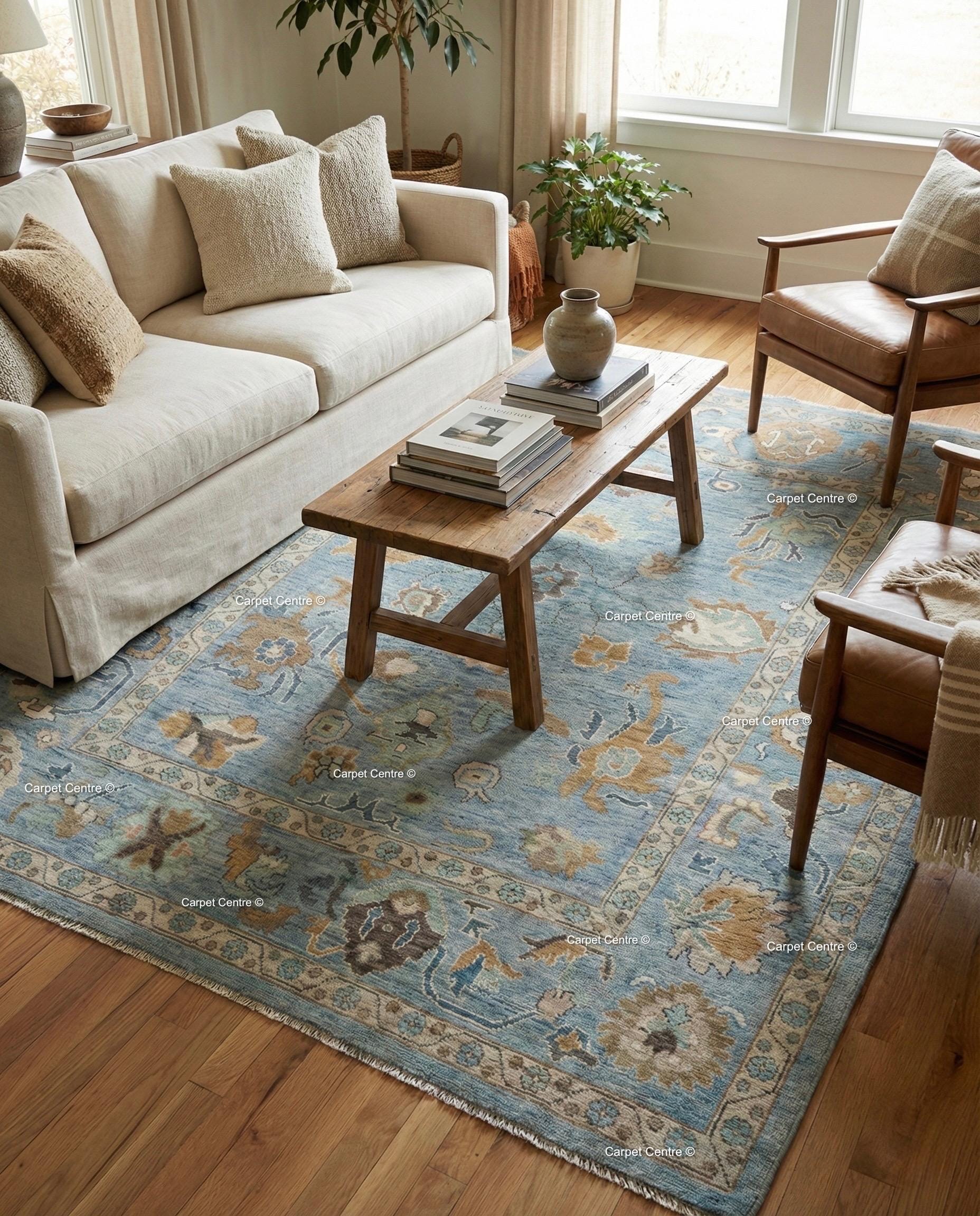Sky Blue Wool Rug, Hand-Knotted Turkish Oushak, Floral Design