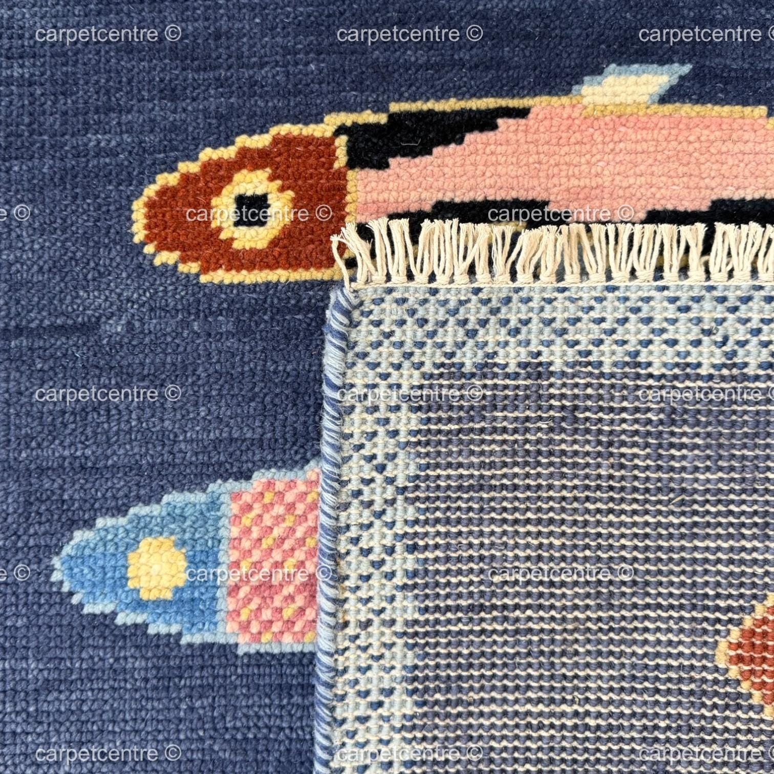 Hand Knotted Oushak Runner Rug, New Zealand Wool, Fish Motif Hallway Runner