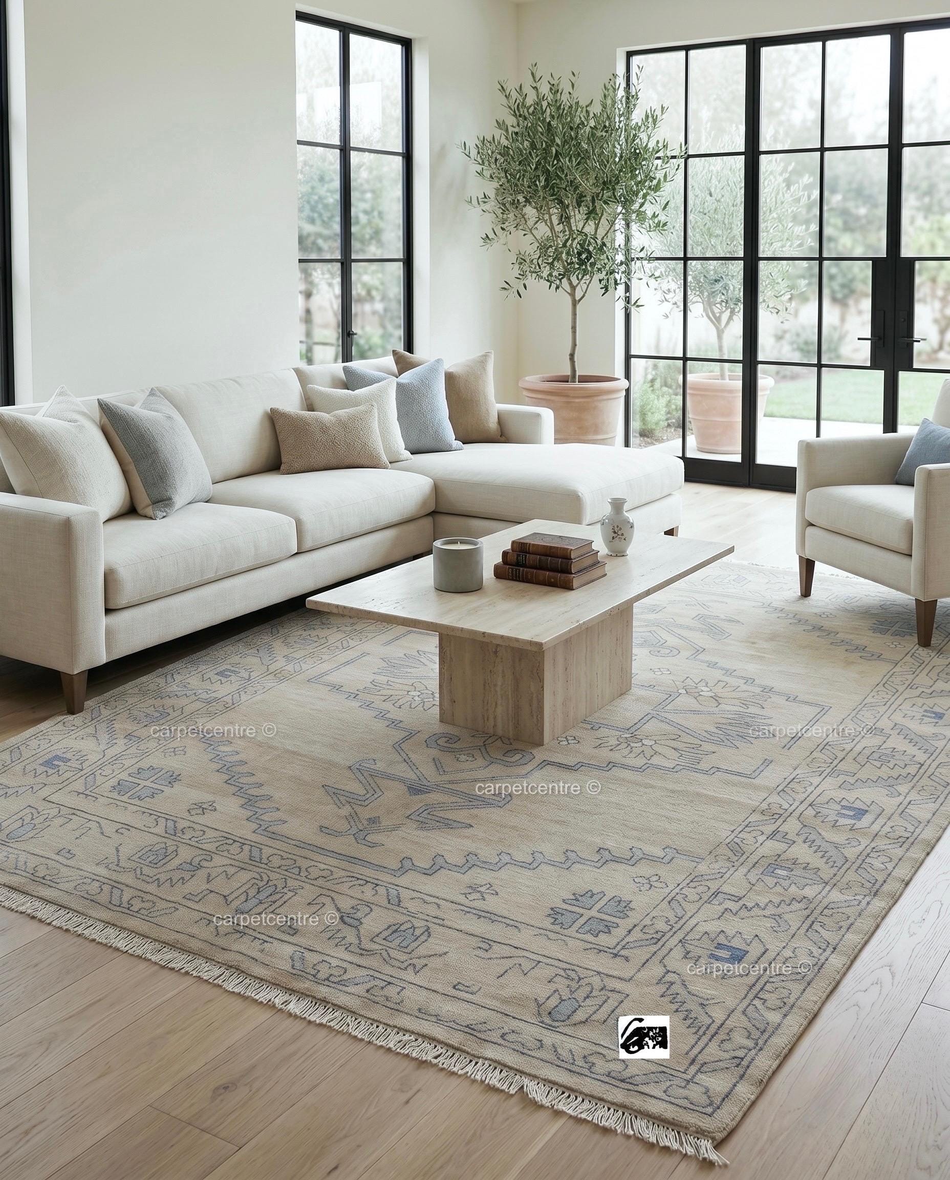 Hand Knotted Neutral Oushak Rug, Beige Blue Wool, Turkish Area Rug