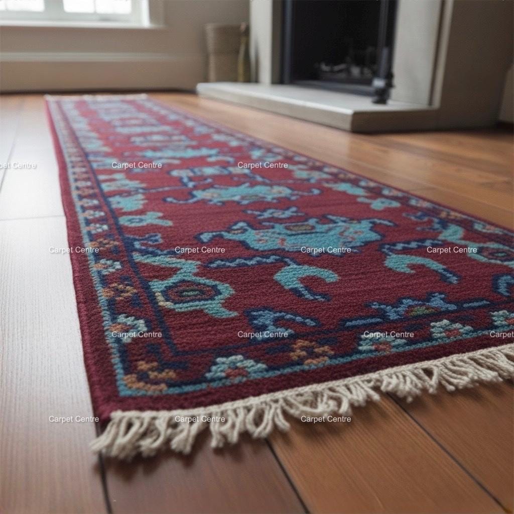 Maroon Oushak Runner Rug, Handwoven Wool Teal Tribal Design