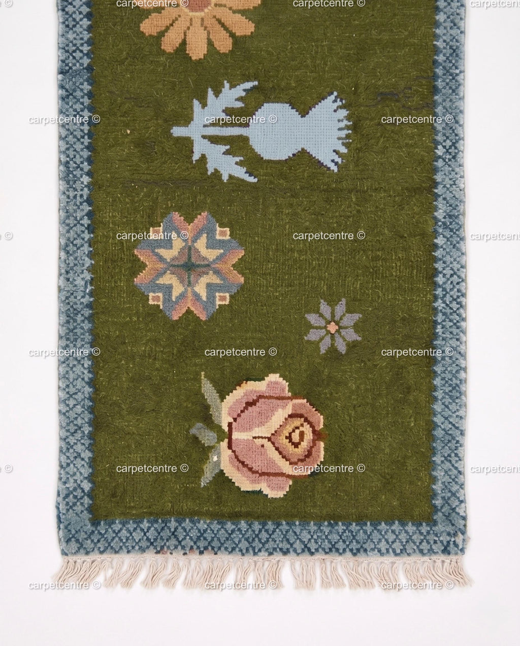 Handmade Wool Runner Rug – Olive Green Wildflower Botanical Carpet (Custom Sizes)