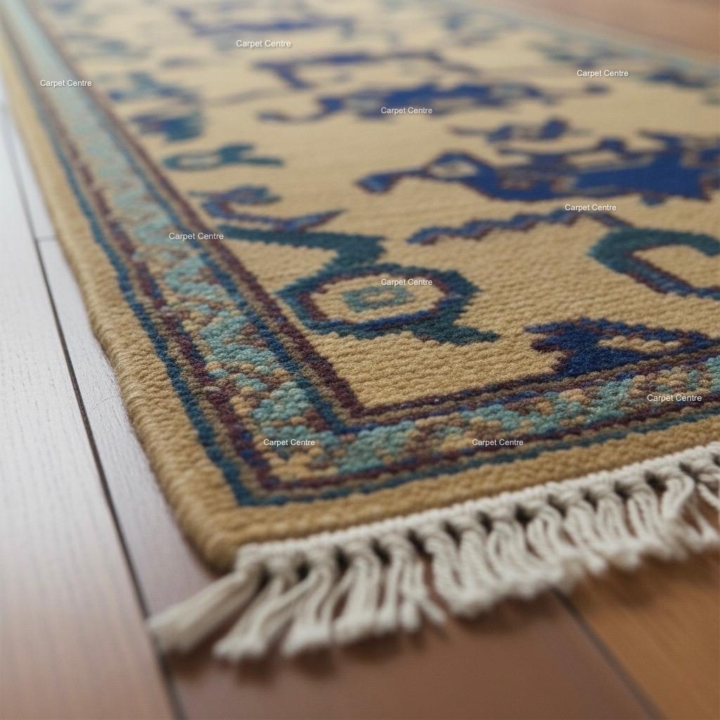 Hand-Knotted Wool Runner Rug, Golden Yellow Oushak, Navy Tribal Design