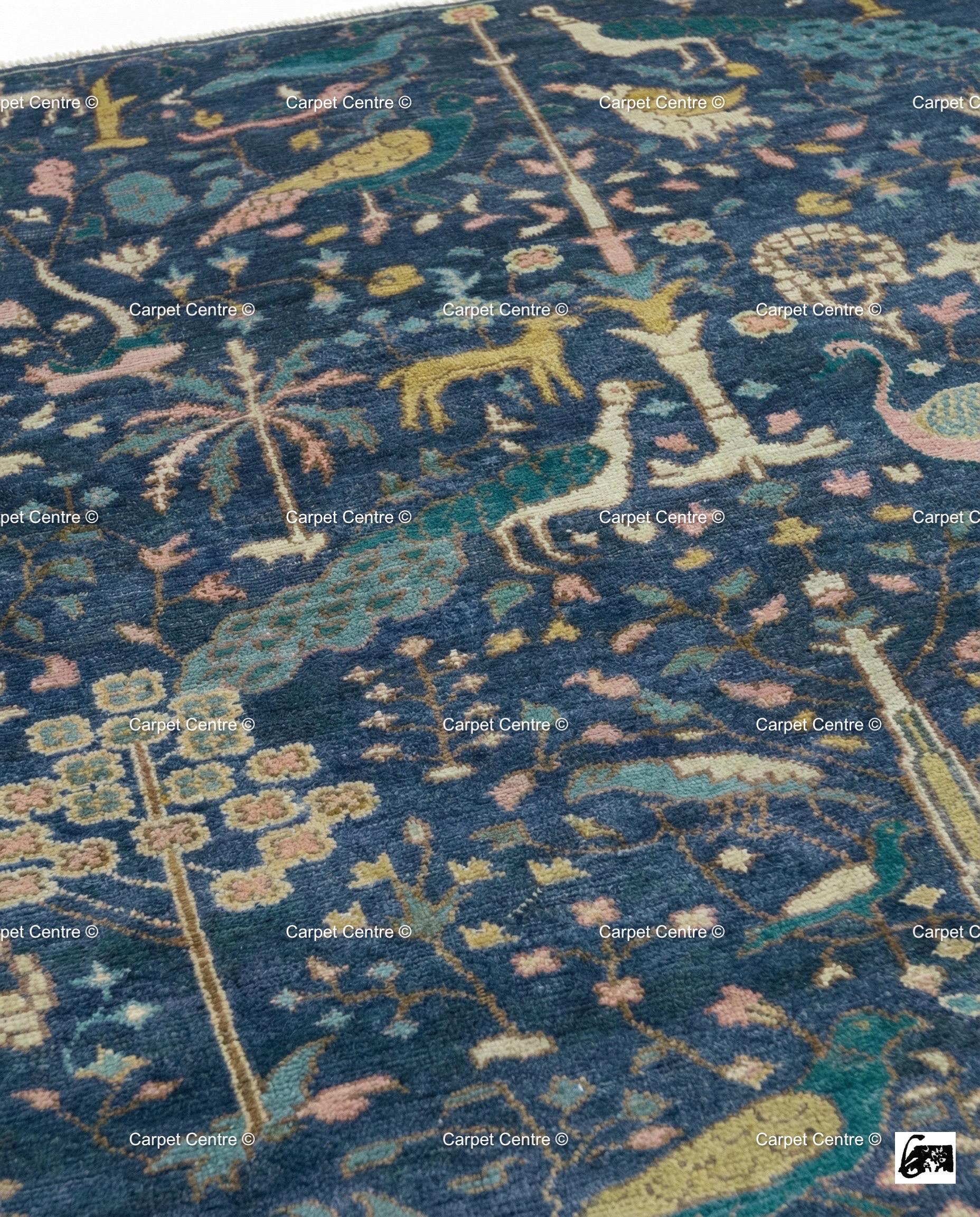Navy Oushak Wool Rug, Hand-Knotted Tree of Life Animal Design, Boho Decor