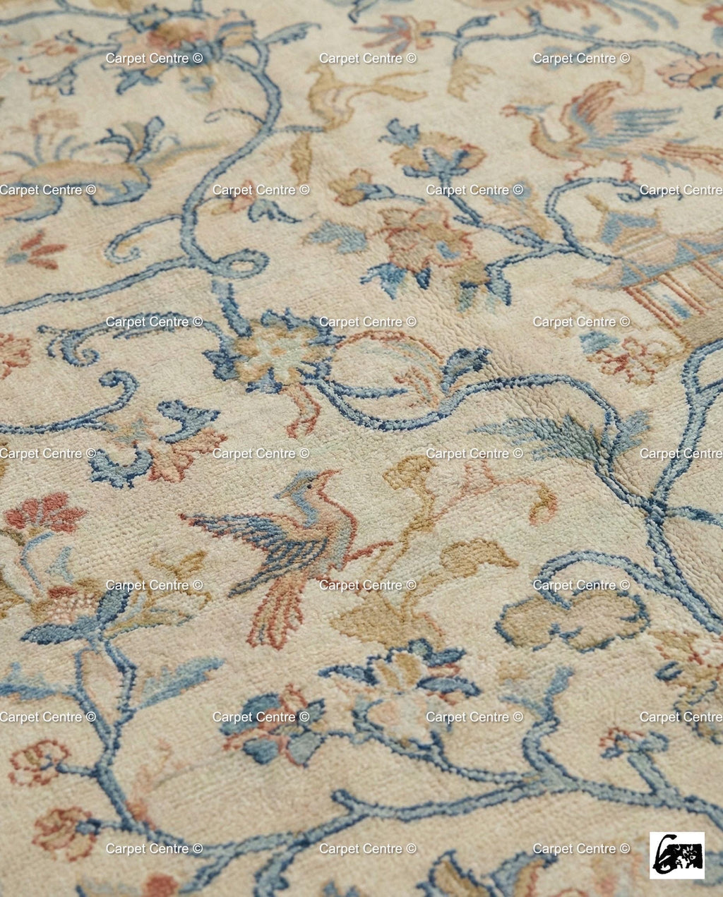 Hand-Knotted Wool Oushak Rug, Cream Chinoiserie Peking Design