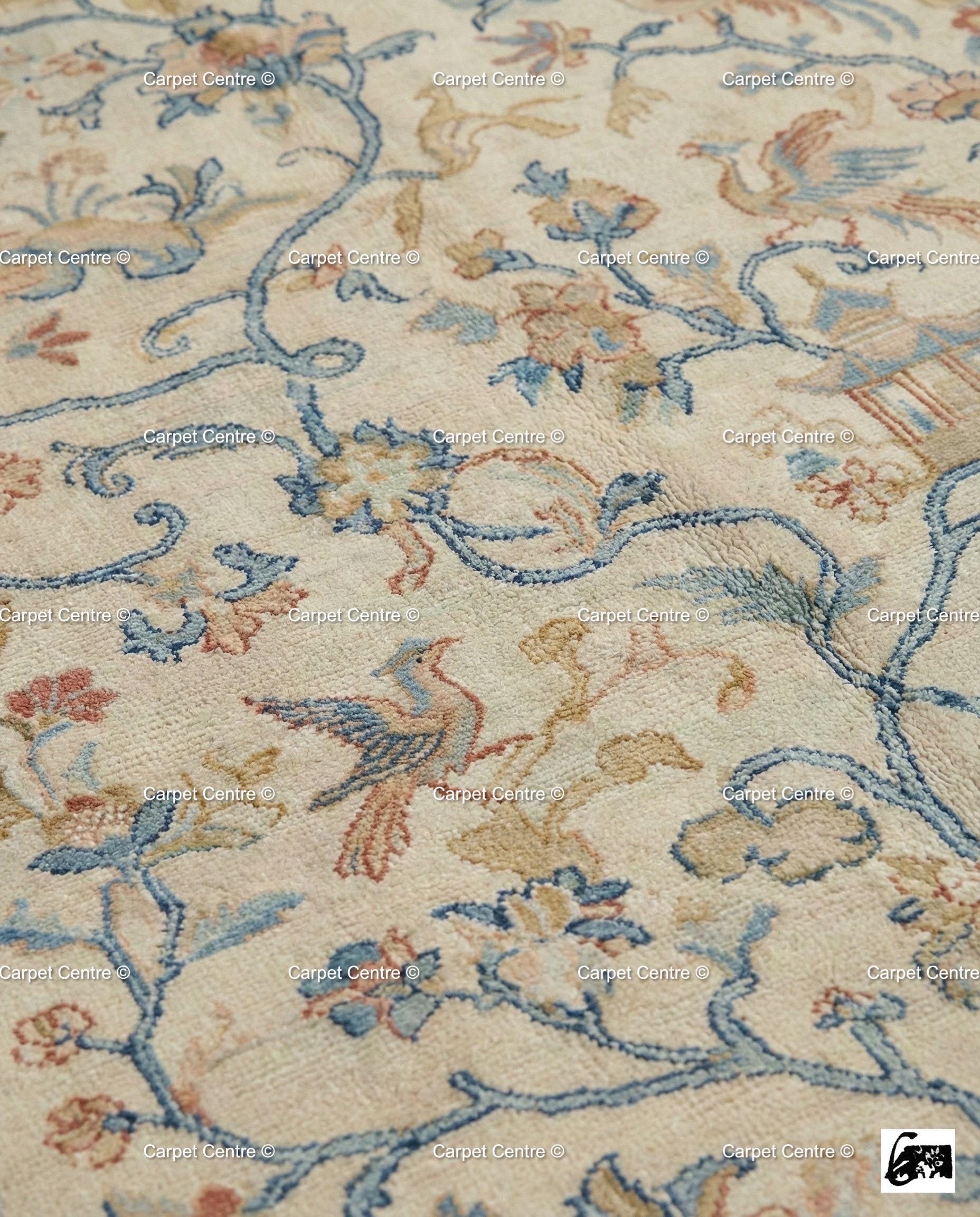 Hand-Knotted Wool Oushak Rug, Cream Chinoiserie Peking Design