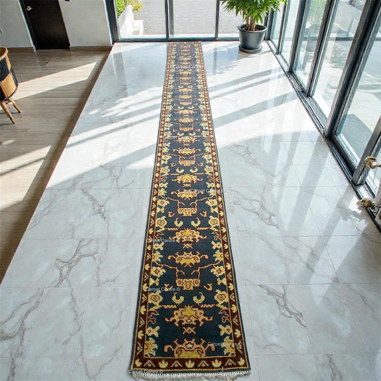 Handmade Gray Oushak Wool Runner Rug, Turkish Hallway Entryway
