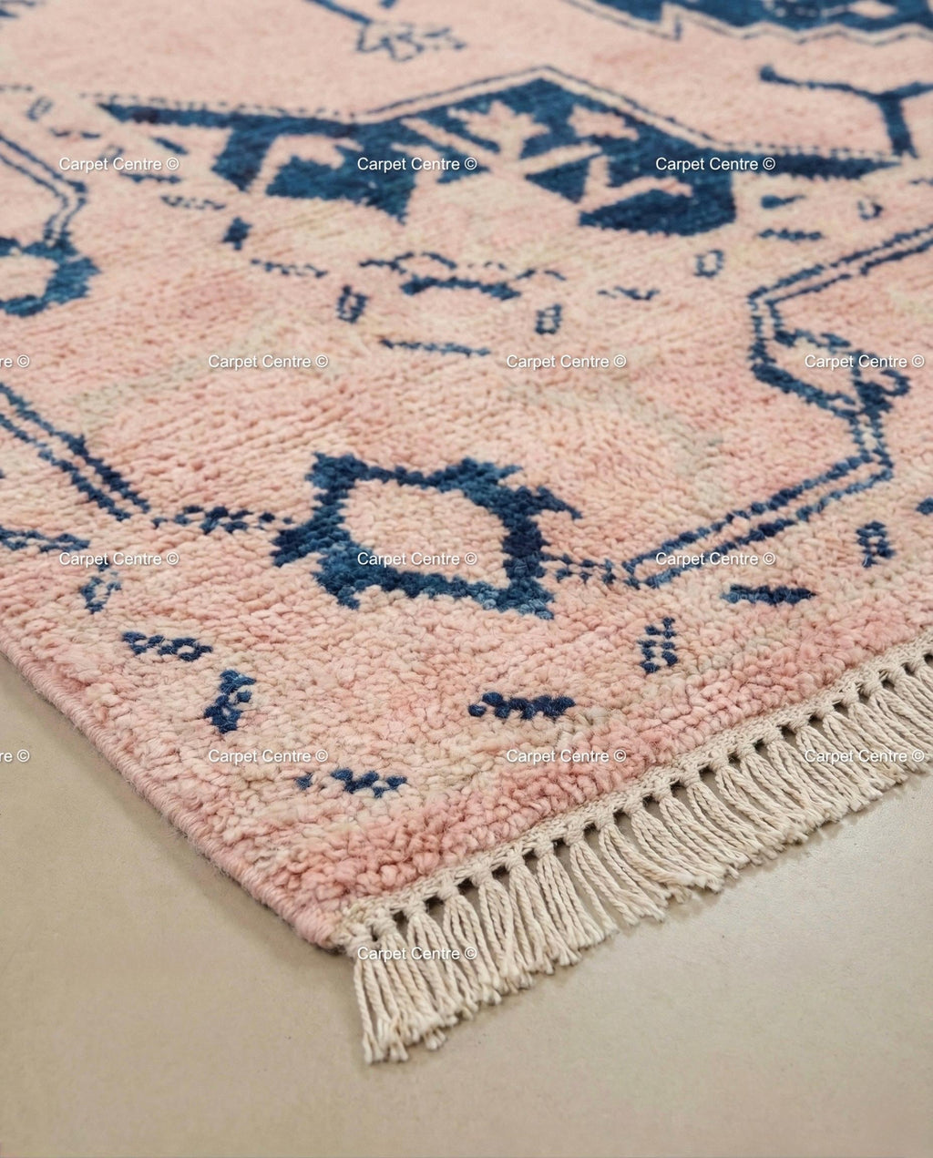 Blush Pink Wool Oushak Rug, Navy Geometric Medallion, Handmade Turkish Knot