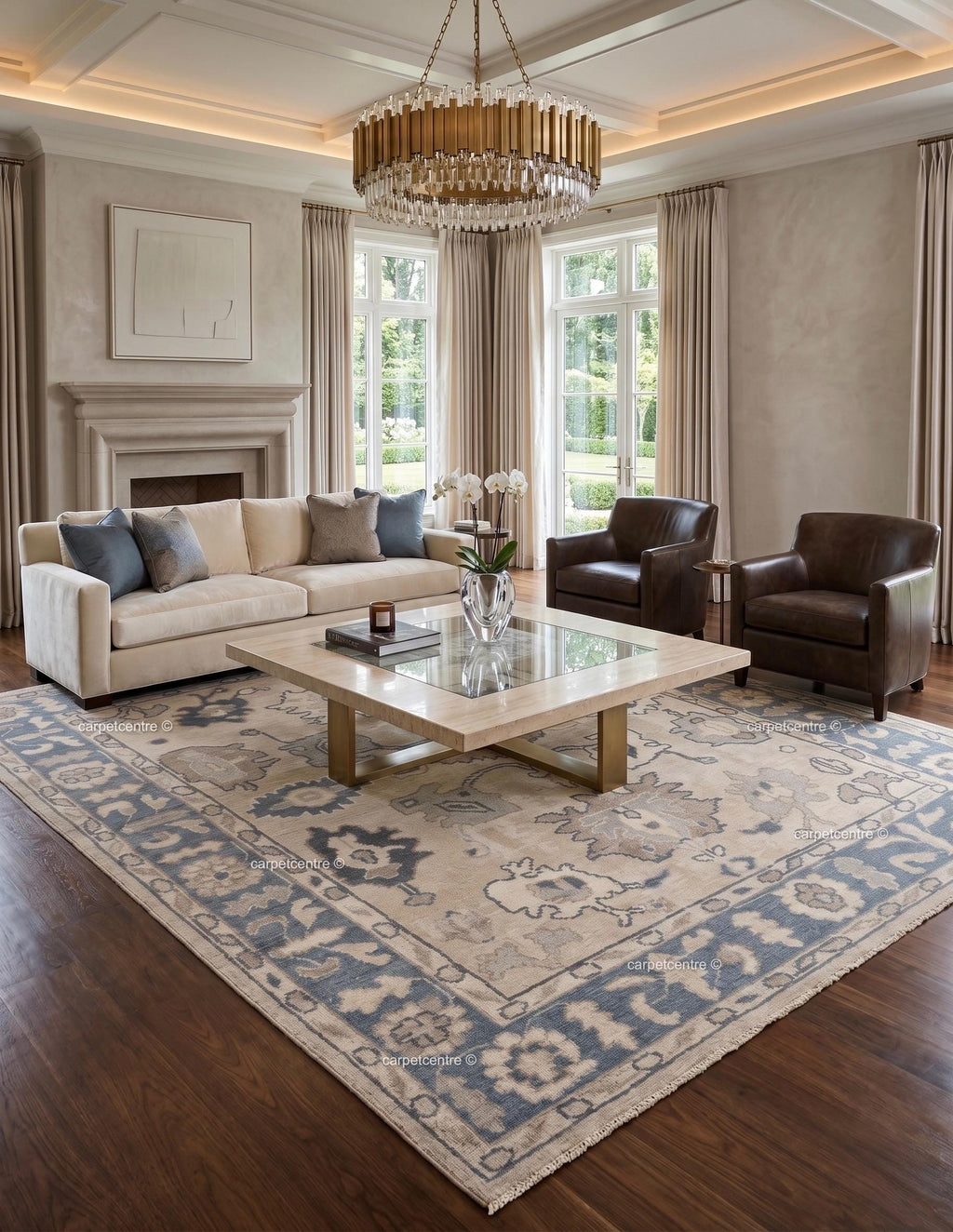 Muted Blue Beige Oushak Rug | Hand Knotted Wool Turkish Area Rug