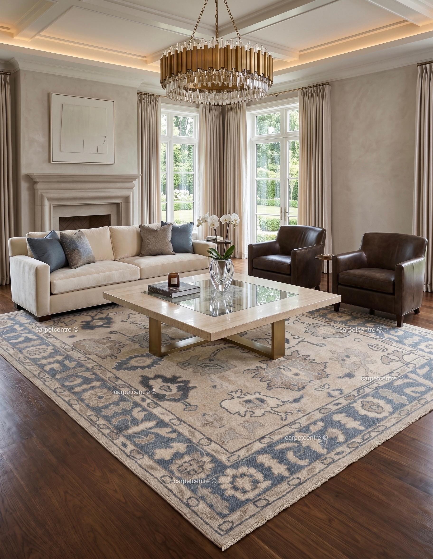 Muted Blue Beige Oushak Rug | Hand Knotted Wool Turkish Area Rug