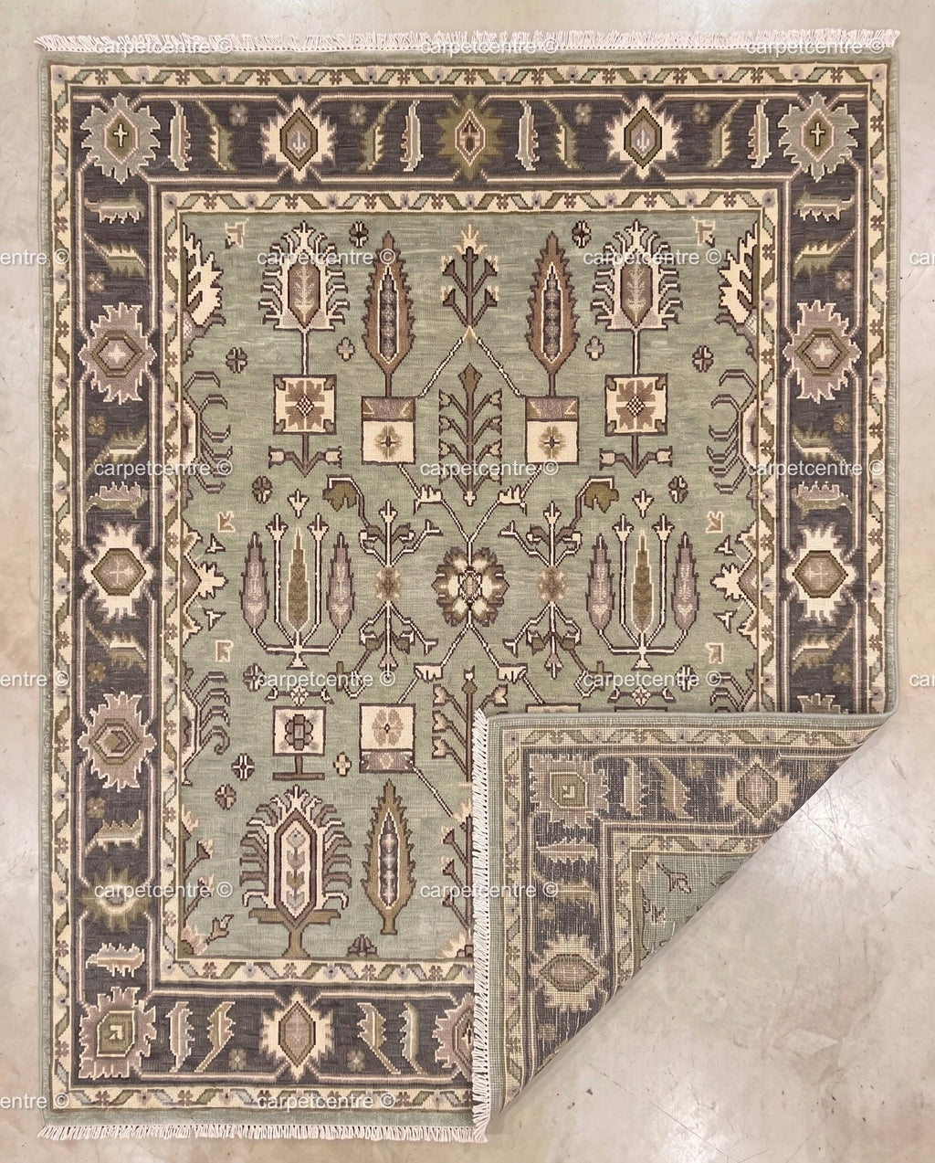 Hand Knotted Oushak Rug, Sage Green Wool Botanical Tribal Carpet