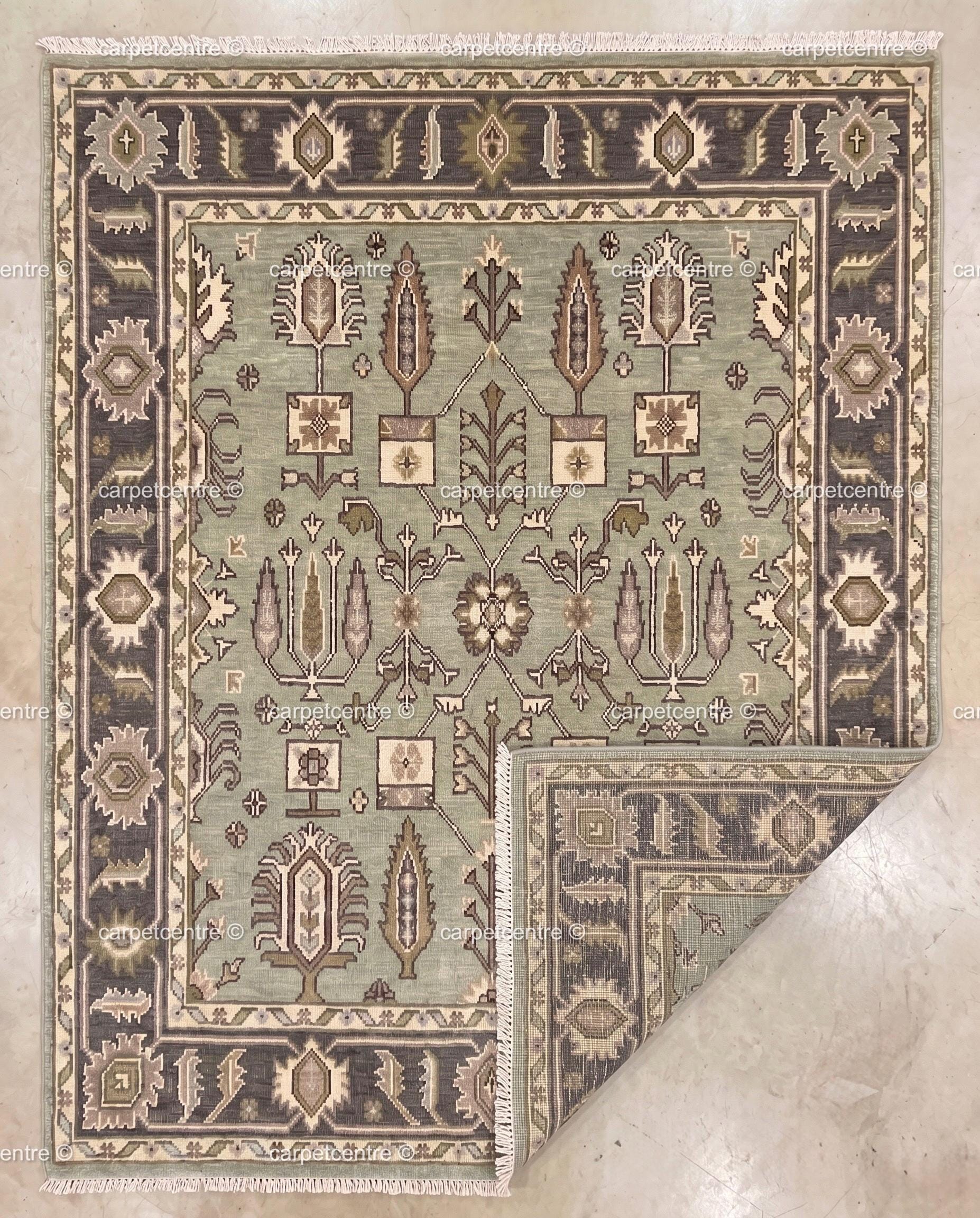 Hand Knotted Oushak Rug, Sage Green Wool Botanical Tribal Carpet