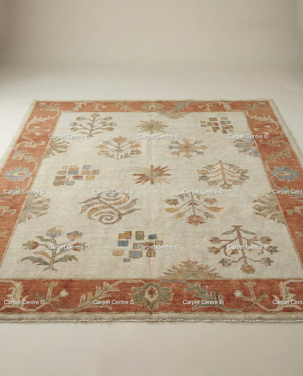 Hand-Knotted Wool Oushak Rug, Beige and Rust, Folk Art Floral Geometric