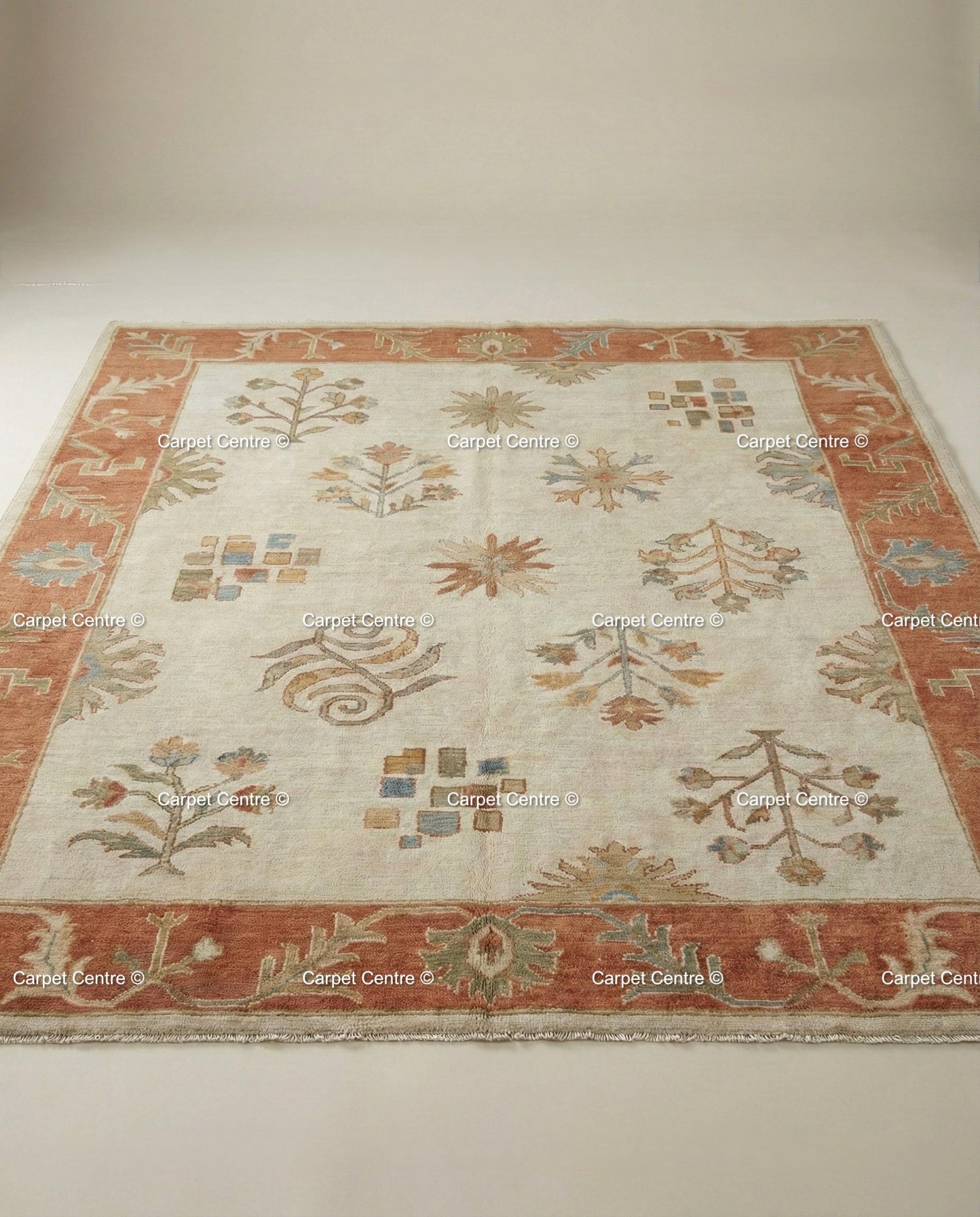 Hand-Knotted Wool Oushak Rug, Beige and Rust, Folk Art Floral Geometric
