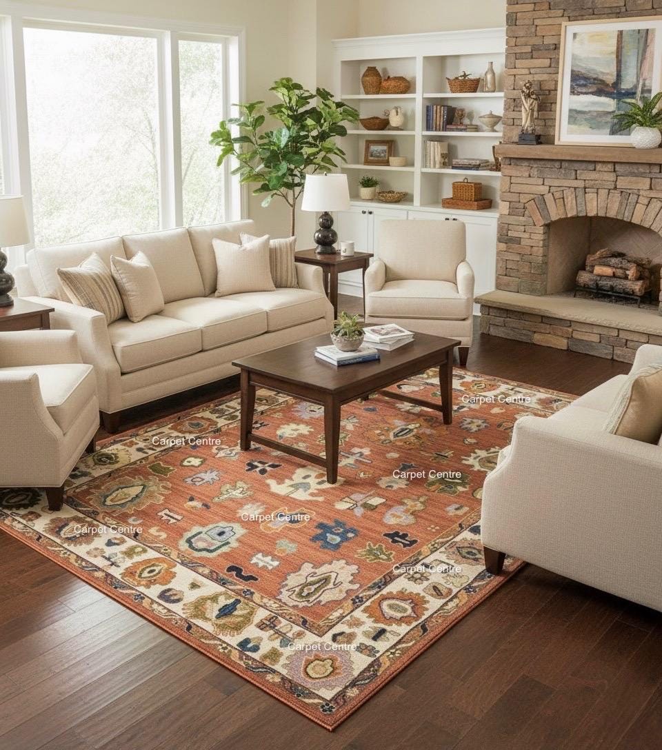 Terracotta Oushak Wool Rug, Hand-Knotted Boho Area Rug