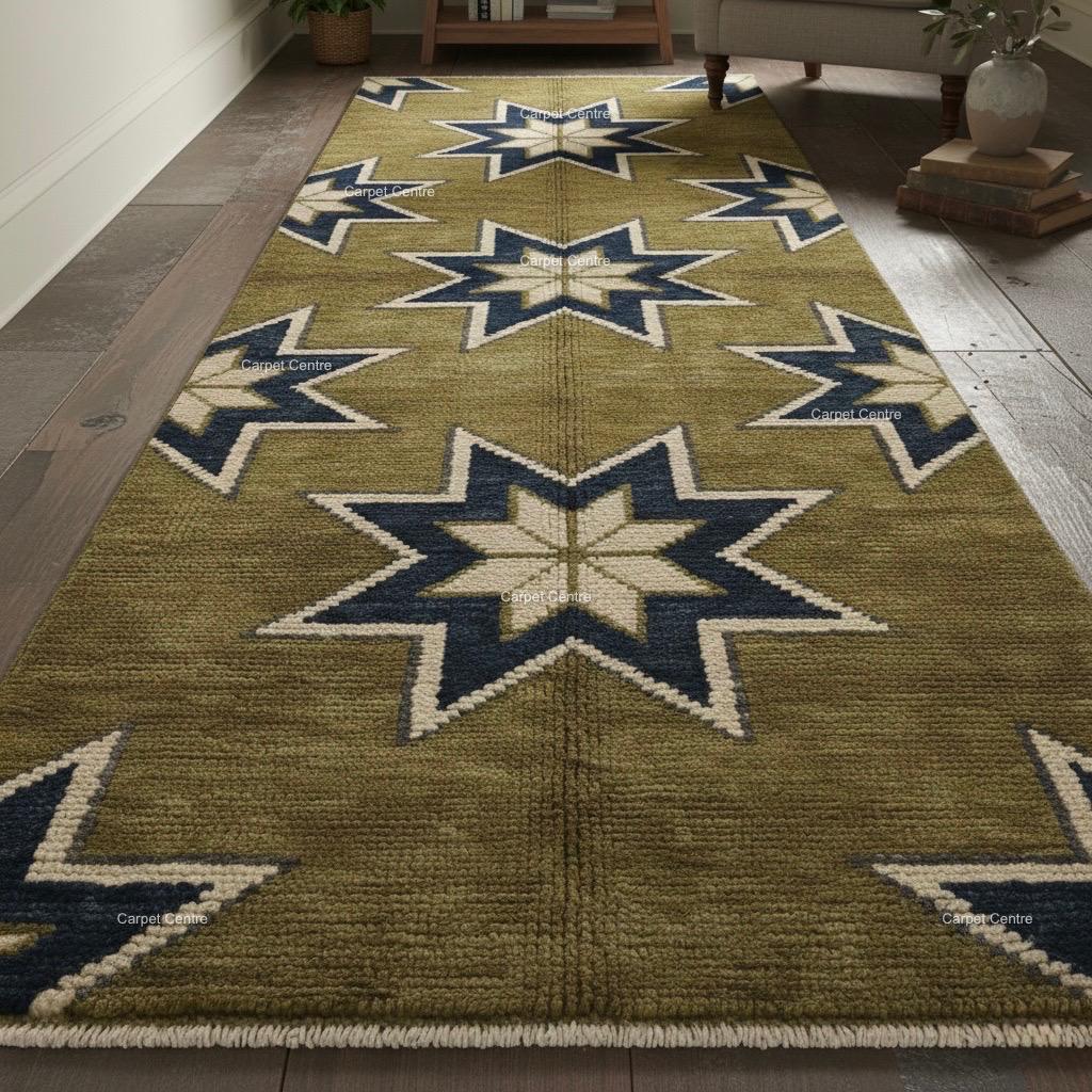 Olive Green Wool Runner Rug, Turkish Knot Star Pattern