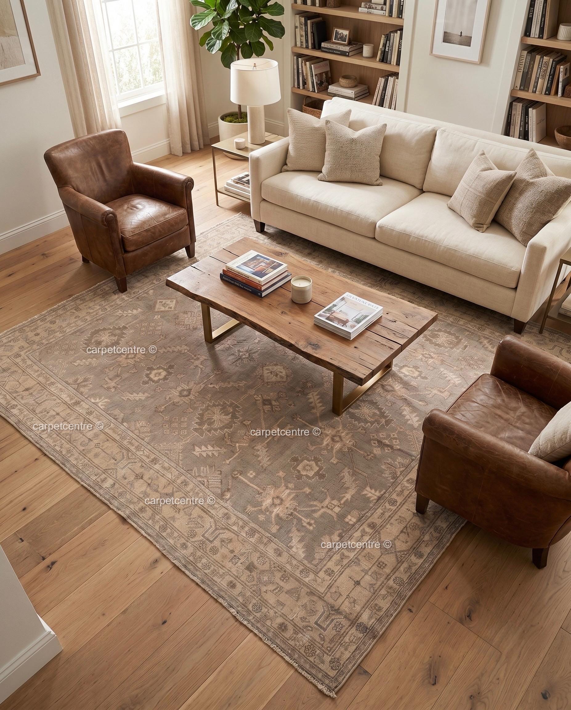 Hand Knotted Oushak Wool Rug, Taupe Beige Vintage Anatolian Carpet, Neutral Farmhouse Area Rug