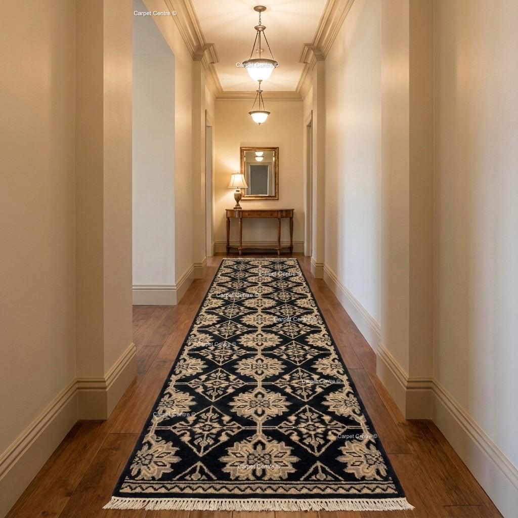 Hand-Knotted Oushak Wool Runner Rug, Black Geometric Design Hallway Entryway Carpet