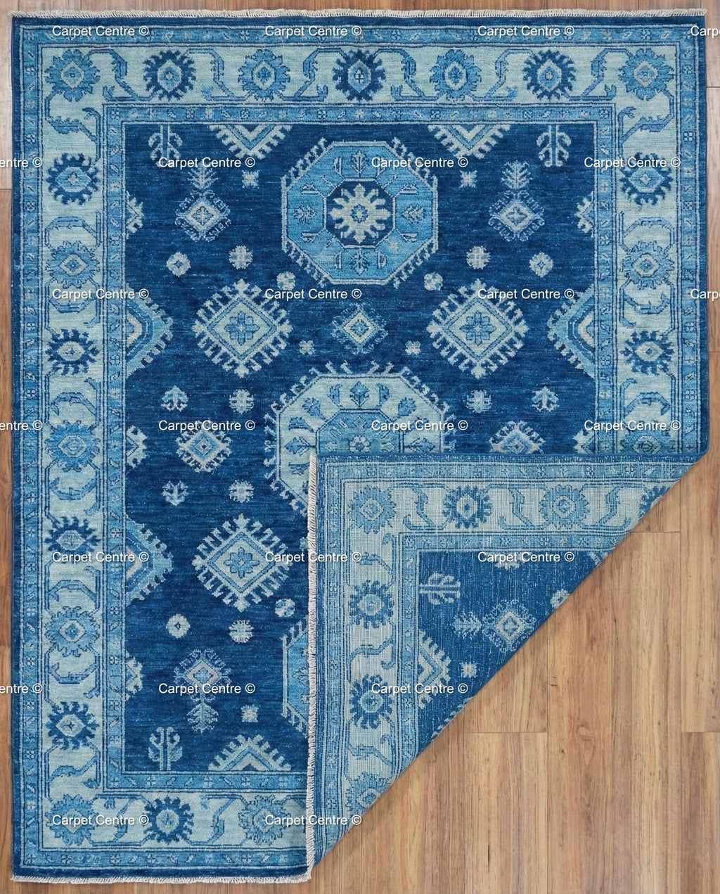 Hand-Knotted Oushak Rug, Indigo Geometric Tribal Wool Carpet, Boys Bedroom Decor