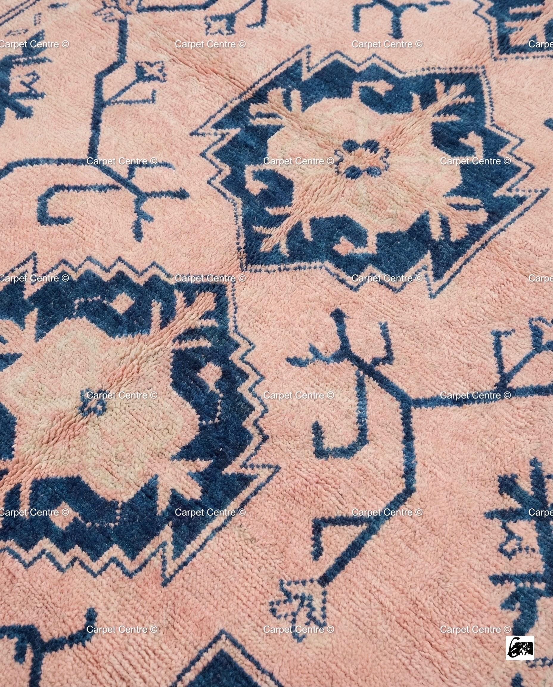 Blush Pink Wool Oushak Rug, Navy Geometric Medallion, Handmade Turkish Knot