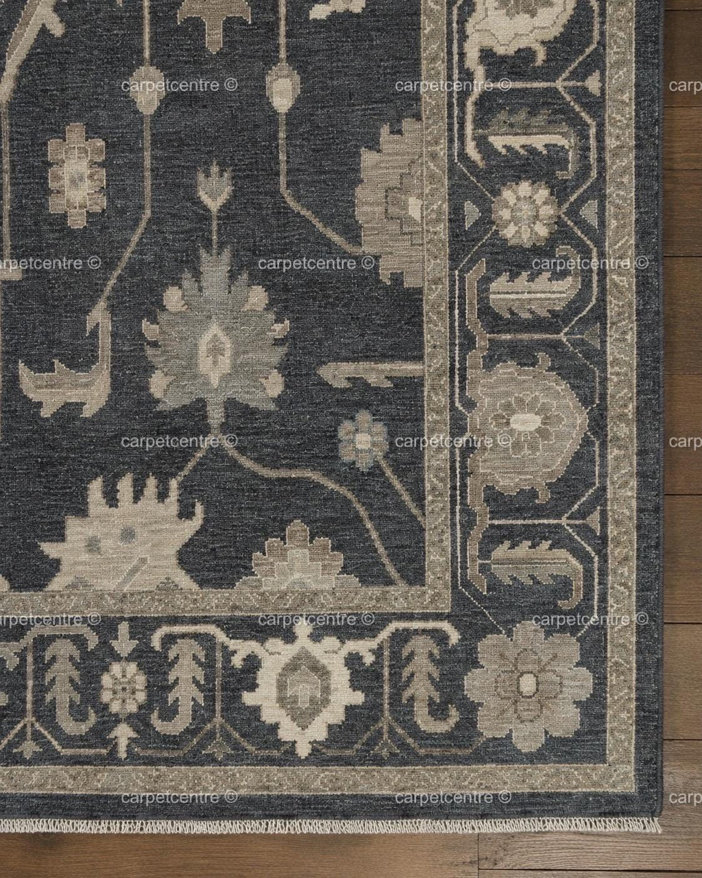 Hand Knotted Oushak Rug | Dark Grey Beige Floral Wool Turkish Area Rug