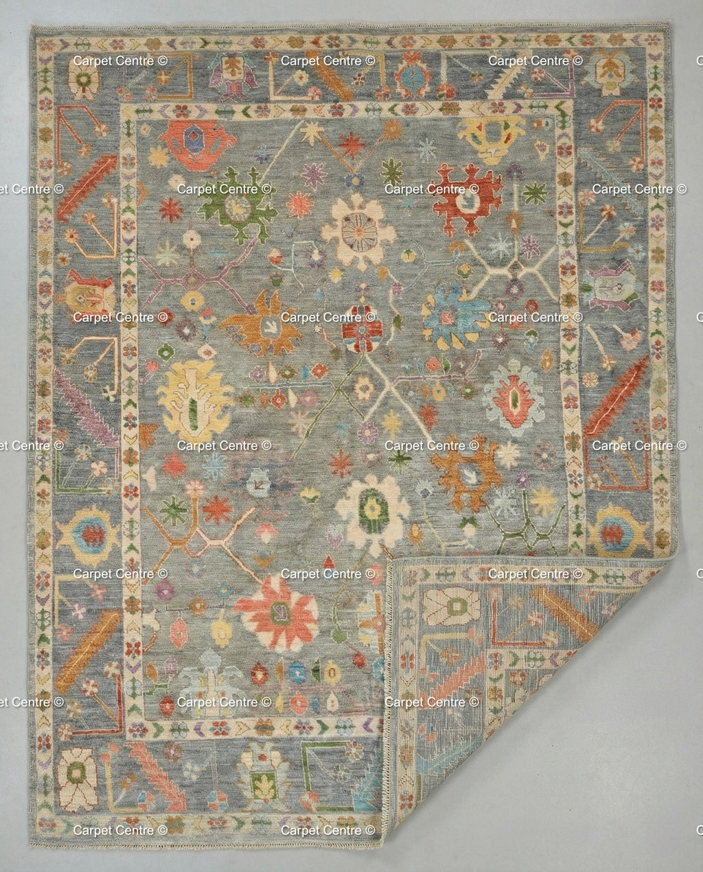 Hand Knotted Wool Oushak Rug, Slate Grey Floral Carpet
