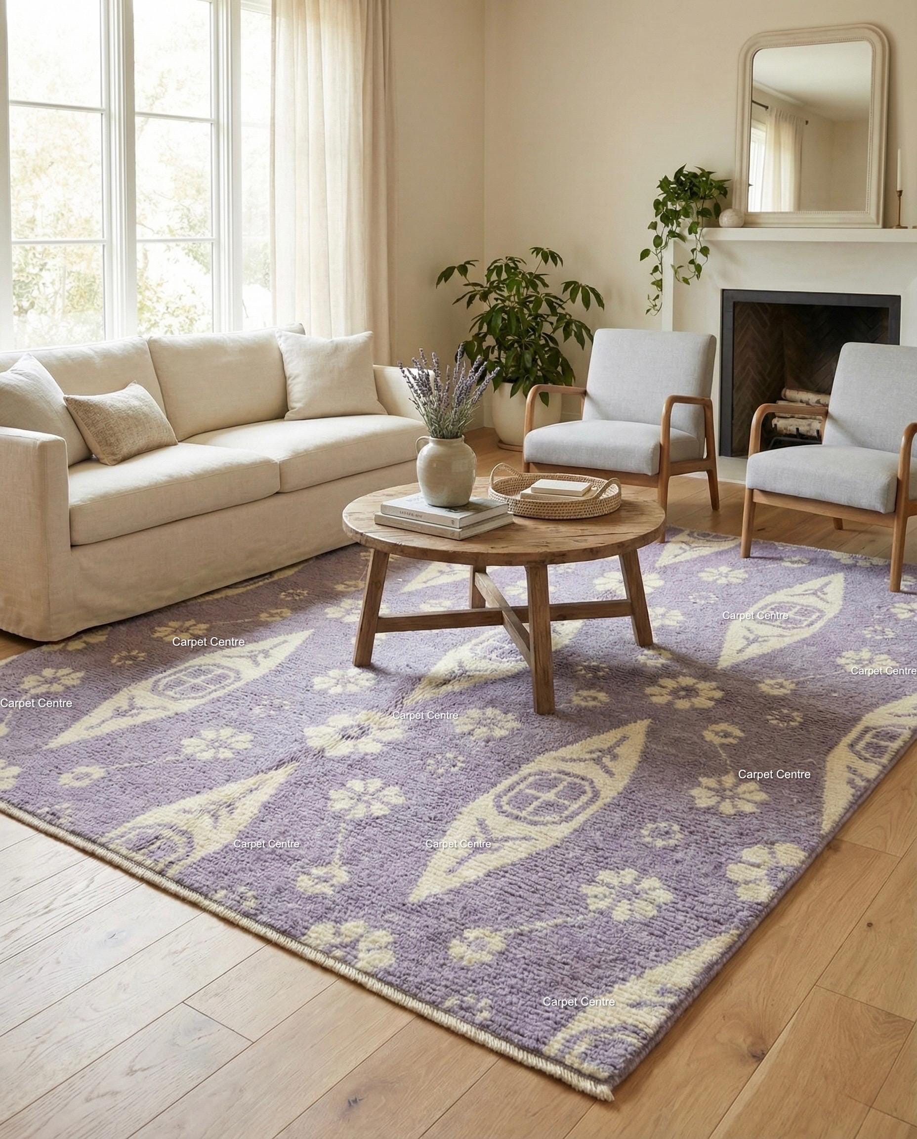 Hand-Knotted Lavender Wool Oushak Rug, Floral Boho Decor
