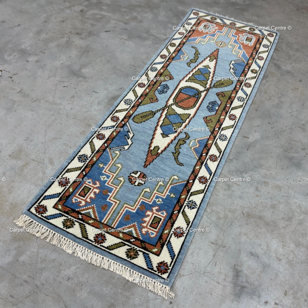 Hand-Knotted Wool Runner Rug, Canoe Figural Oushak Style, Coastal Cabin Decor