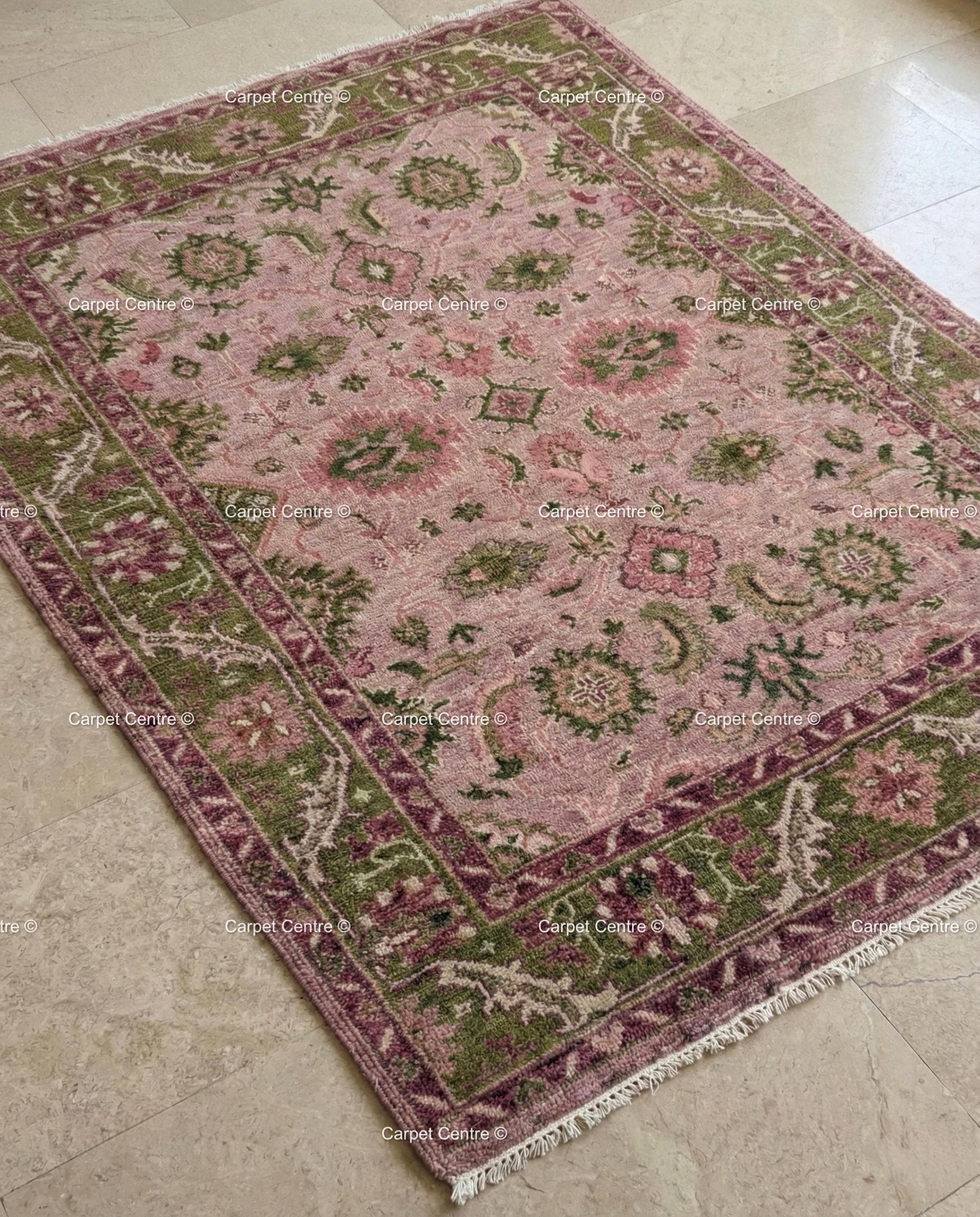 Hand Knotted Wool Oushak Rug – Rose Pink, Green Border, Turkish Floral Design
