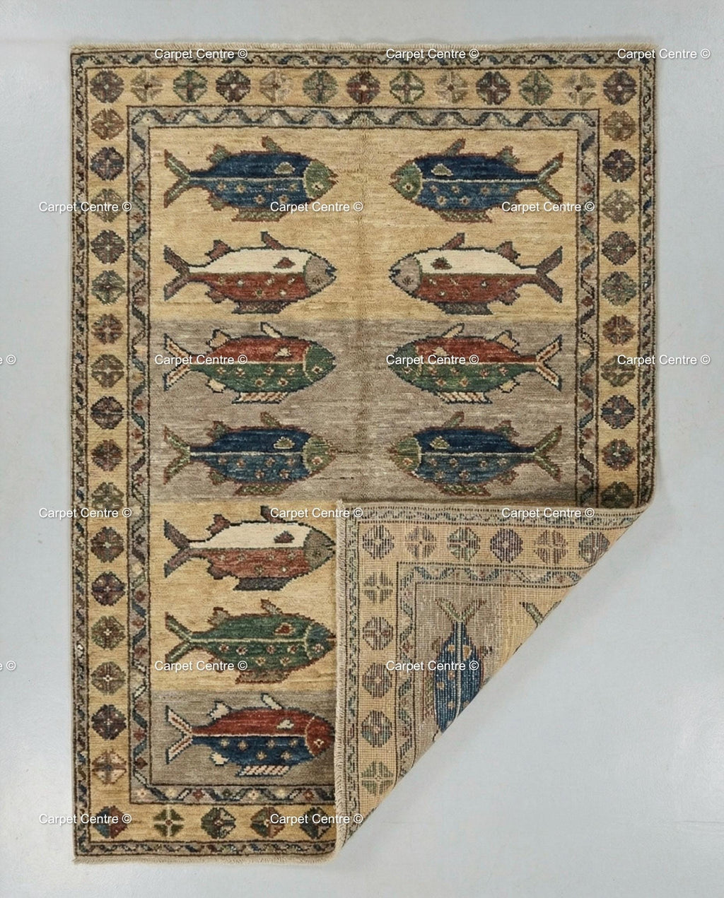 Handmade Wool Fish Rug, Turkish Oushak, Coastal Cabin Decor