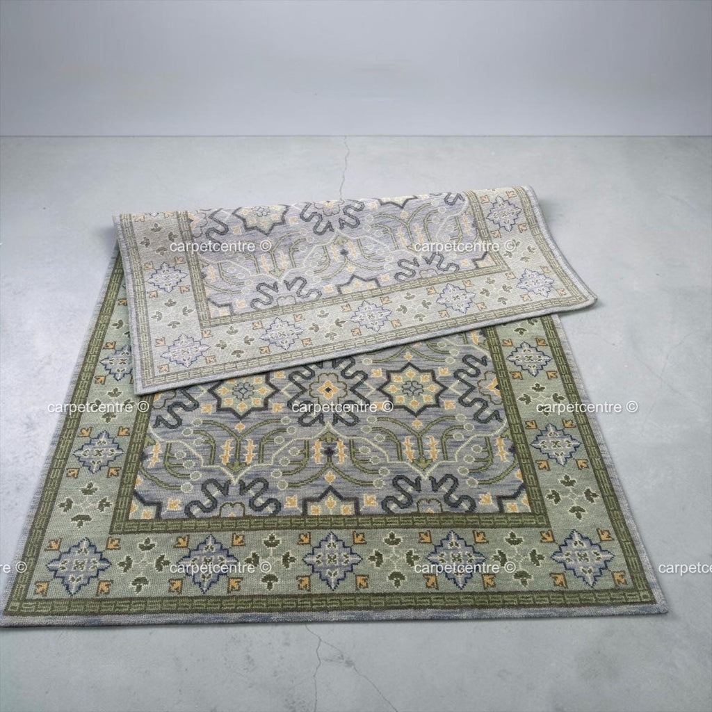 Hand Knotted Oushak Wool Rug | Sage Green Geometric Design