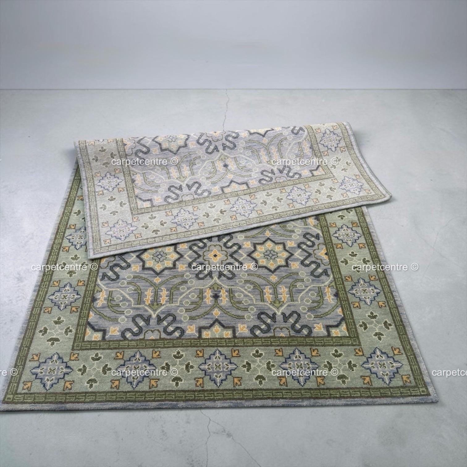 Hand Knotted Oushak Wool Rug | Sage Green Geometric Design