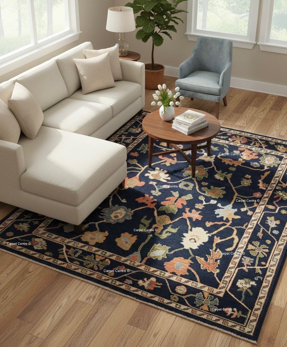Navy Blue Wool Oushak Rug, Hand-Knotted Turkish Knot, William Morris Style