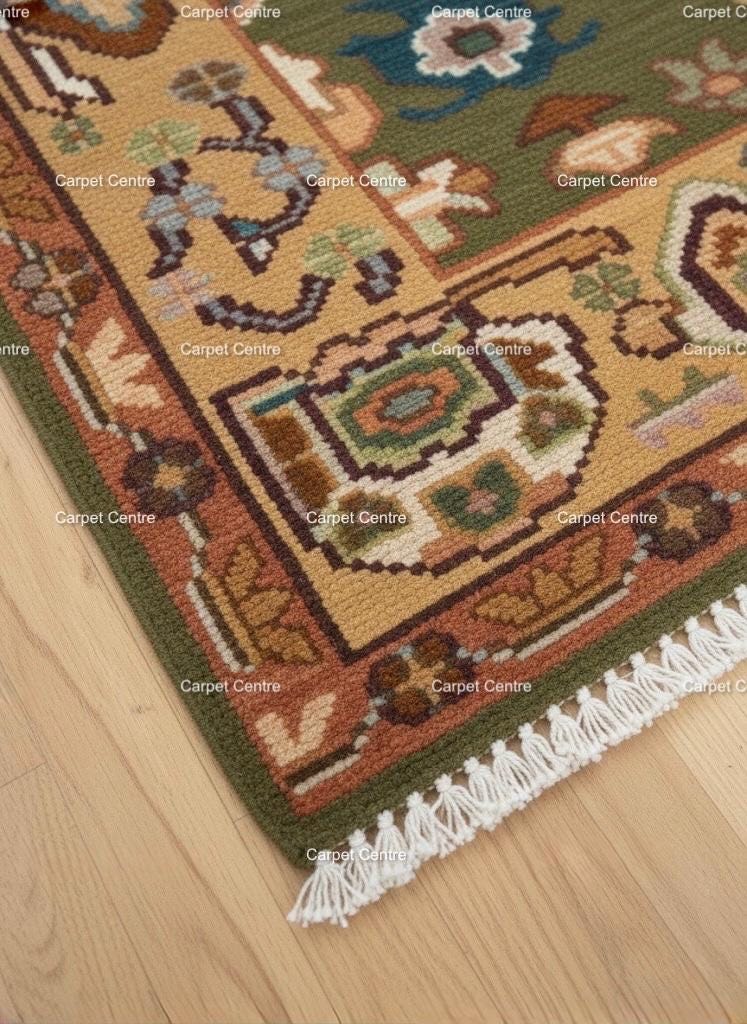 Olive Green Oushak Rug, Hand-Knotted Wool, Boho Farmhouse Decor