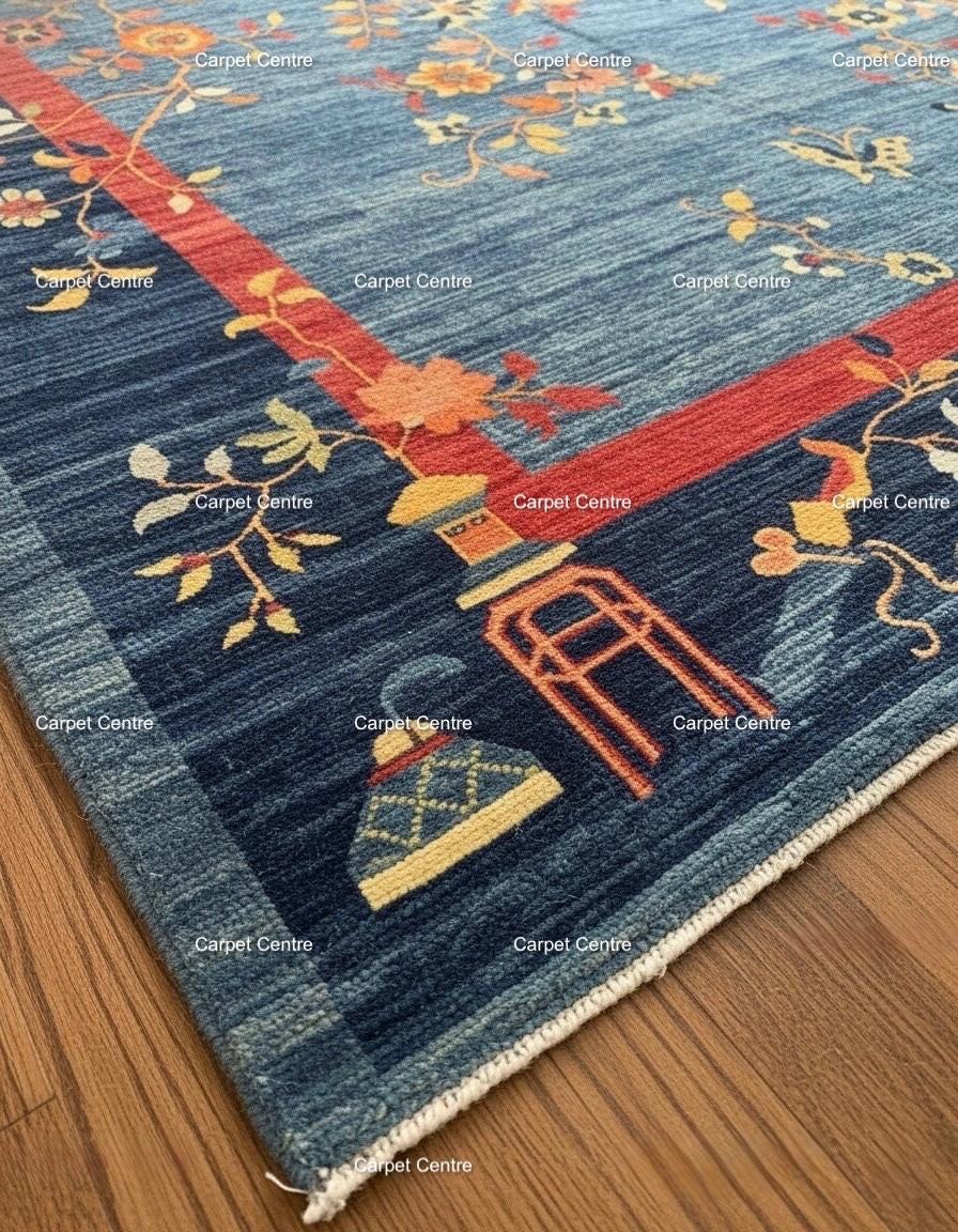 Hand-Knotted Oushak Wool Rug | Blue & Red Chinoiserie Floral Design