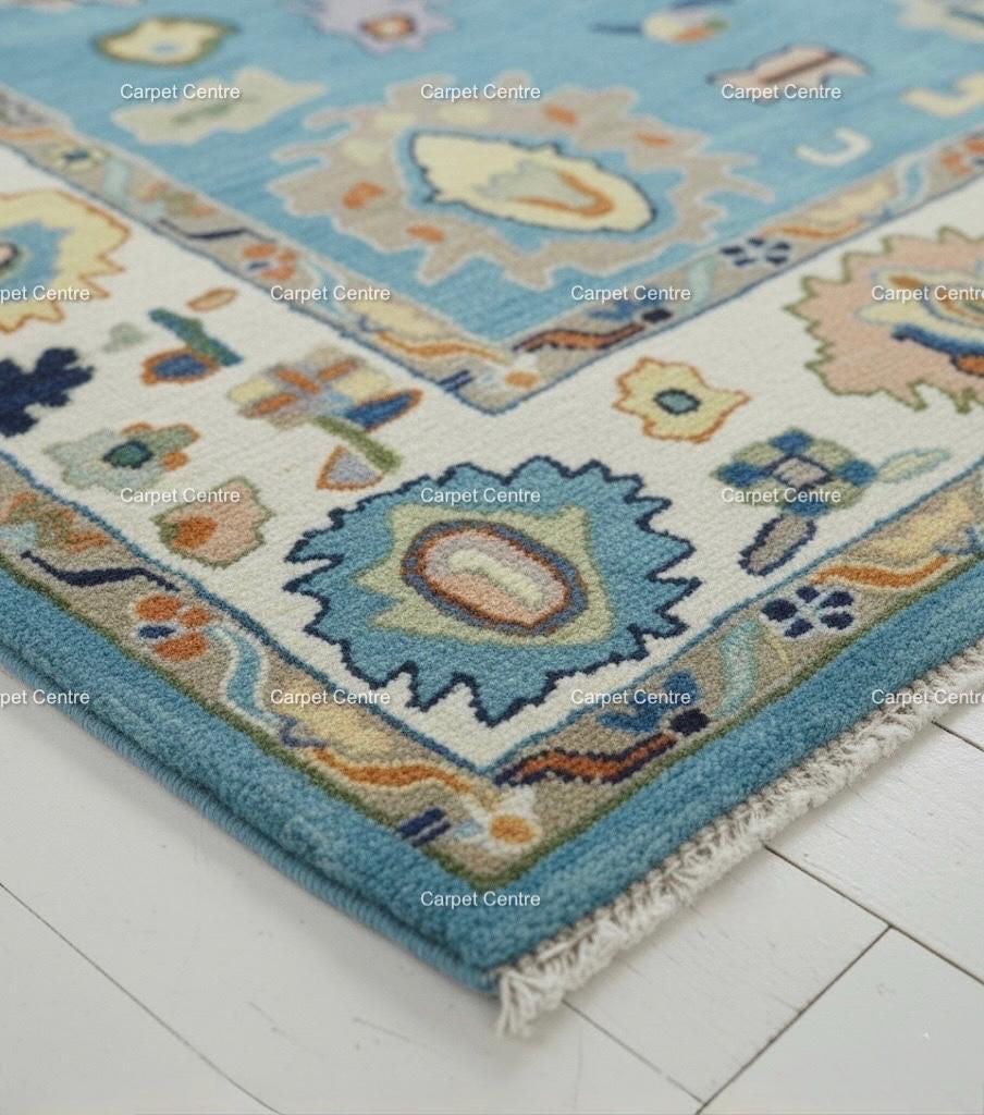 Hand-Knotted Light Blue Oushak Wool Rug, Eclectic Boho Style