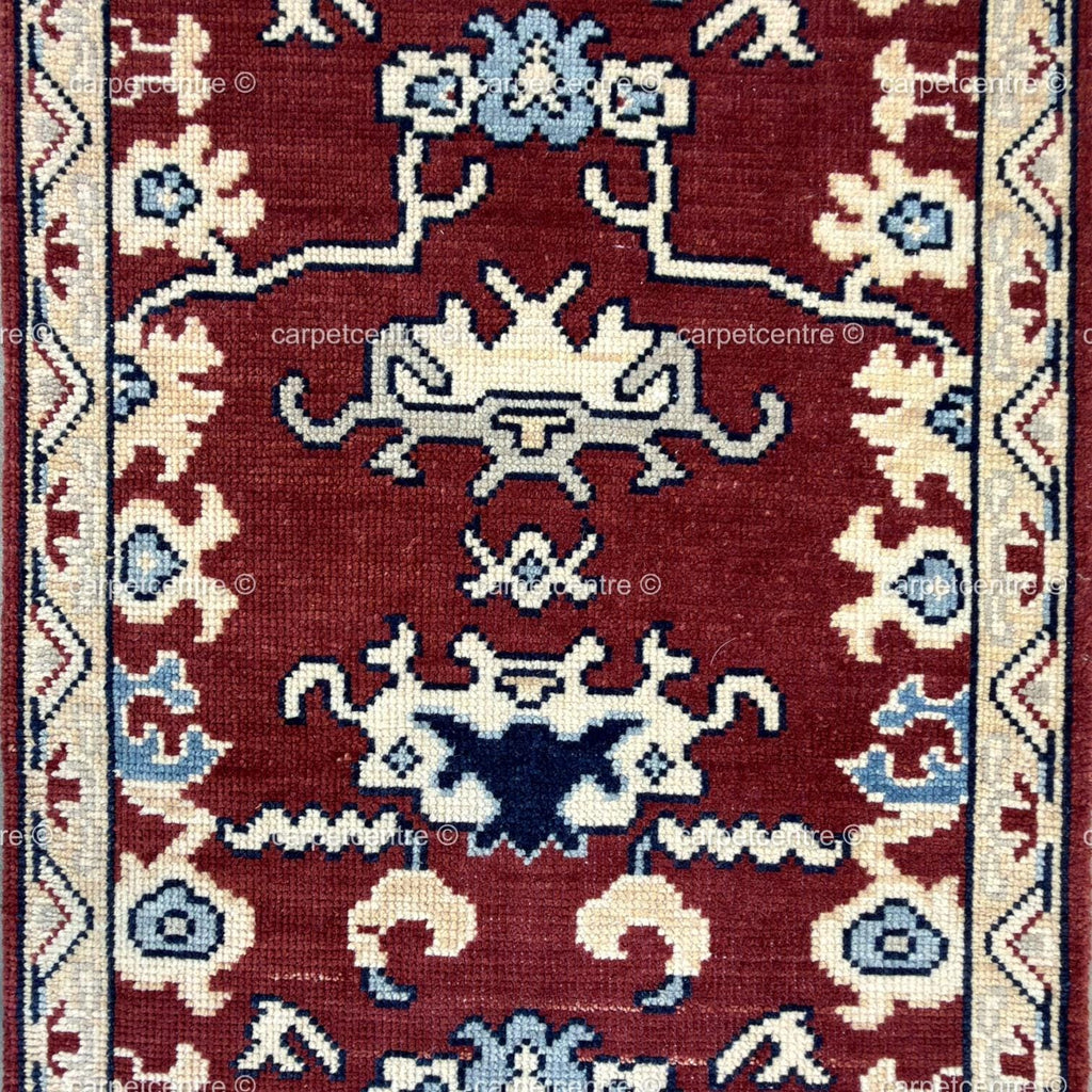 Hand-Knotted Rust Red Wool Runner Rug, Navy Blue Tribal Oushak Design