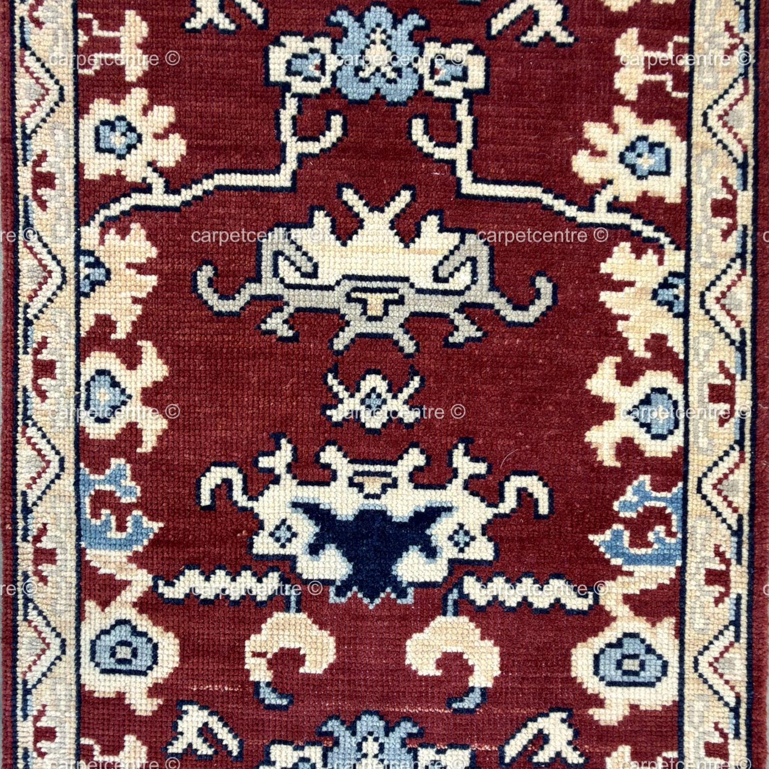 Hand-Knotted Rust Red Wool Runner Rug, Navy Blue Tribal Oushak Design