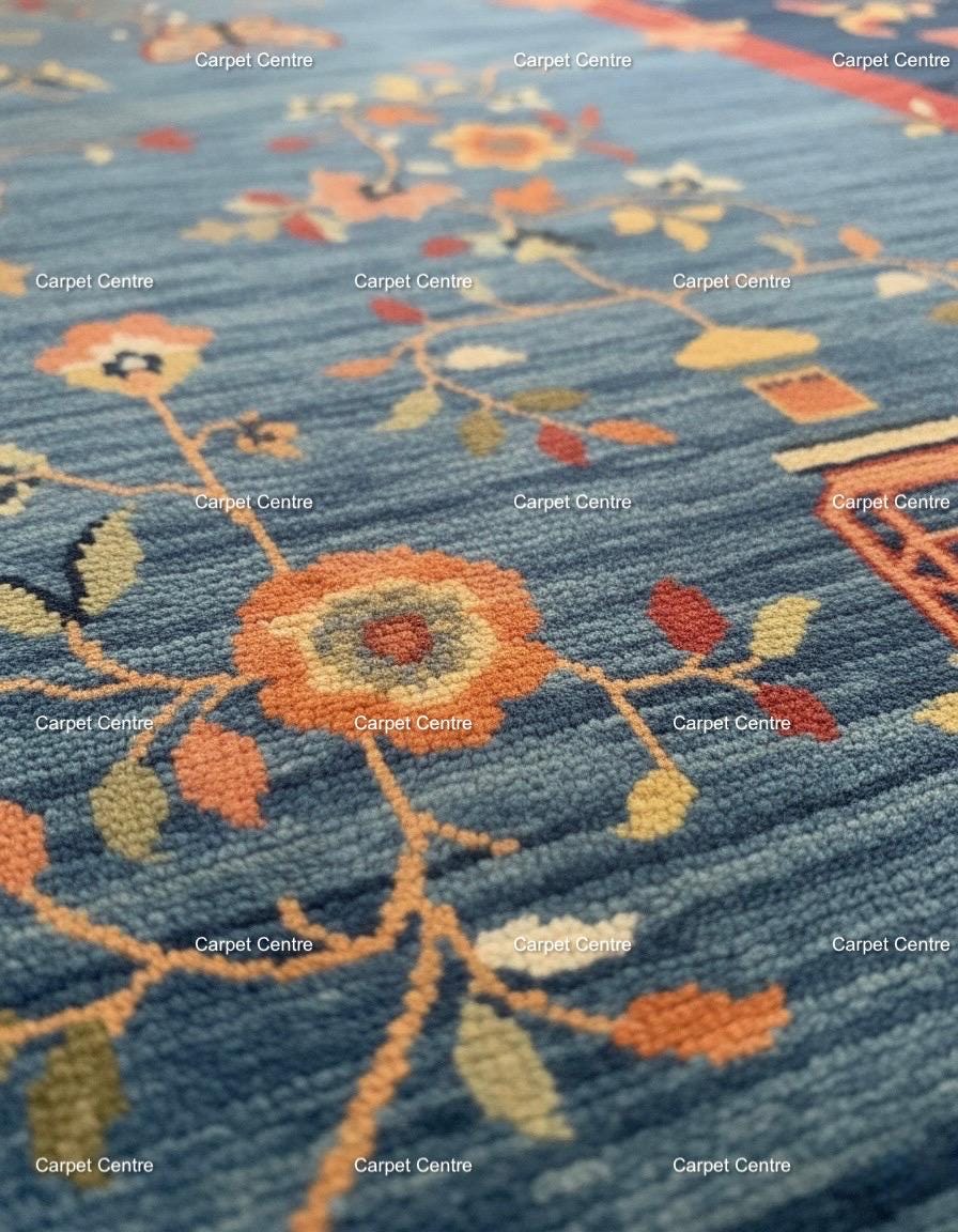 Hand-Knotted Oushak Wool Rug | Blue & Red Chinoiserie Floral Design