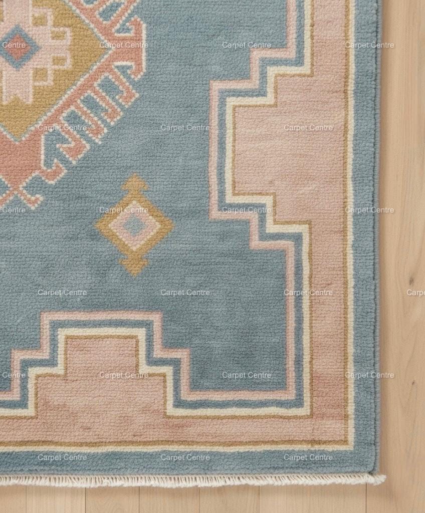 Hand-Knotted Wool Oushak Rug, Light Blue, Blush Pink Border