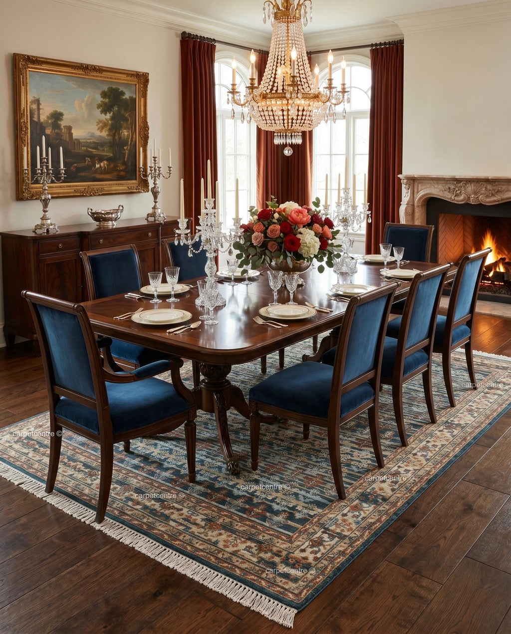 Hand Knotted Wool Oushak Rug, Teal Blue Rust Tribal Geometric (8'x10')