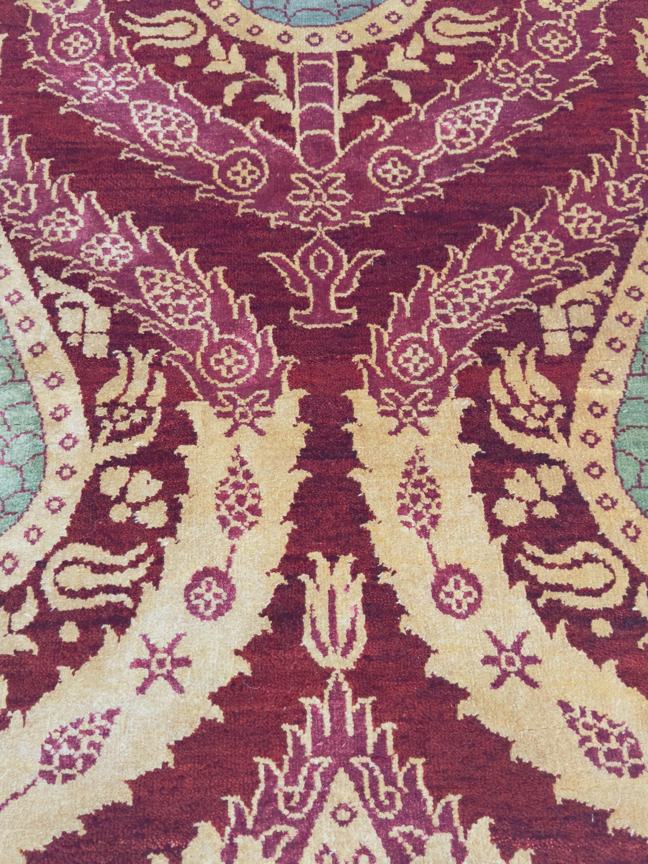 Handwoven Wool Rug – Maroon & Gold Paisley Teardrop Design, Indian Style