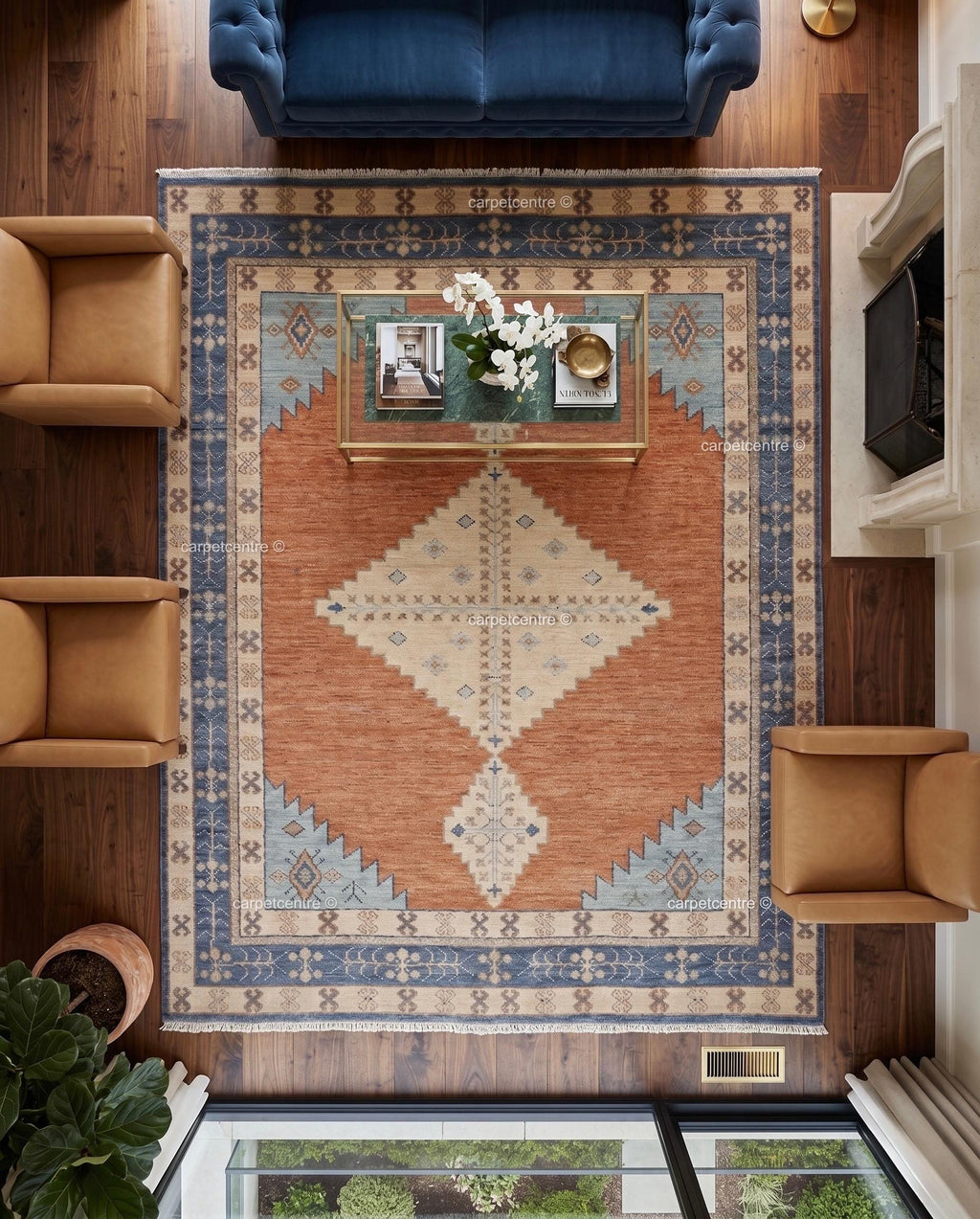 Hand Knotted Oushak Rug | Rust Orange, Blue Tribal Geometric Wool Carpet