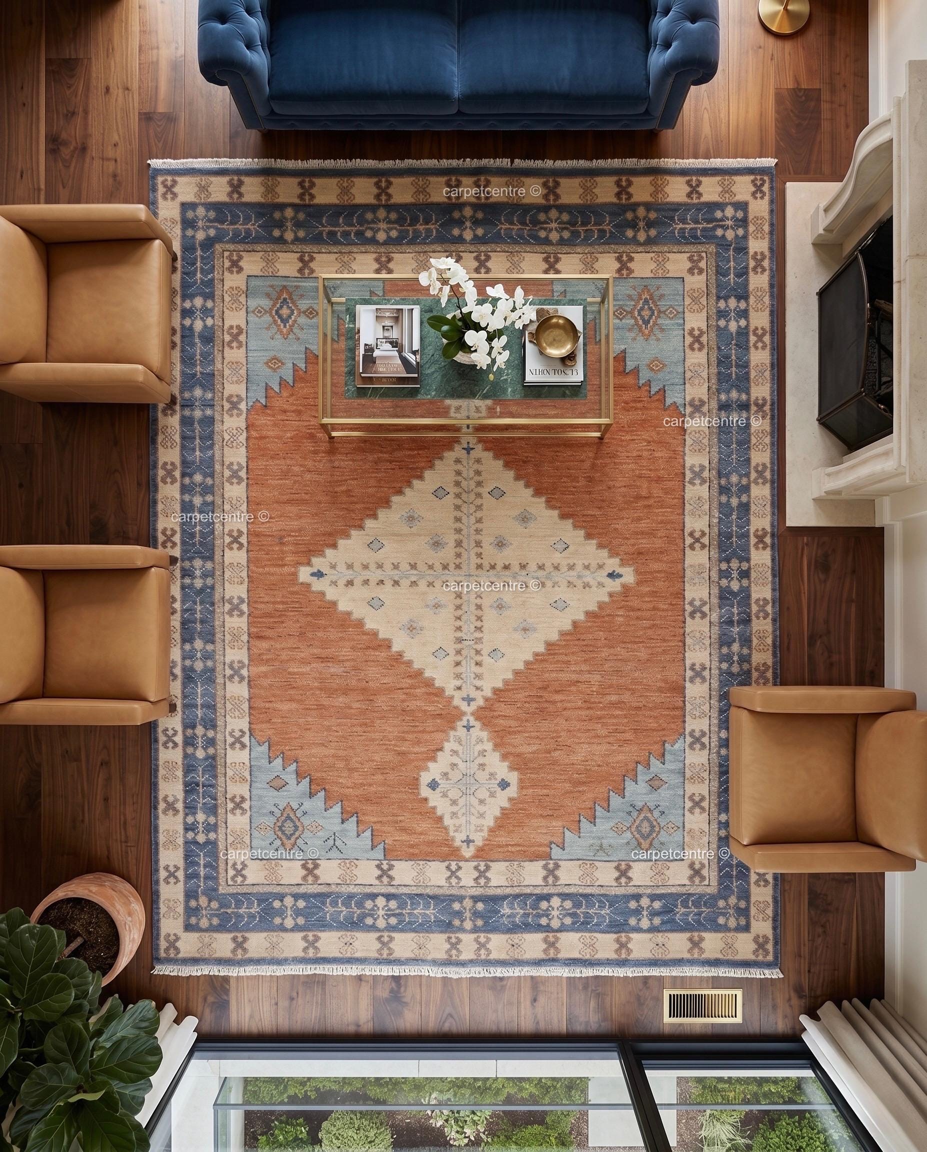 Hand Knotted Oushak Rug | Rust Orange, Blue Tribal Geometric Wool Carpet