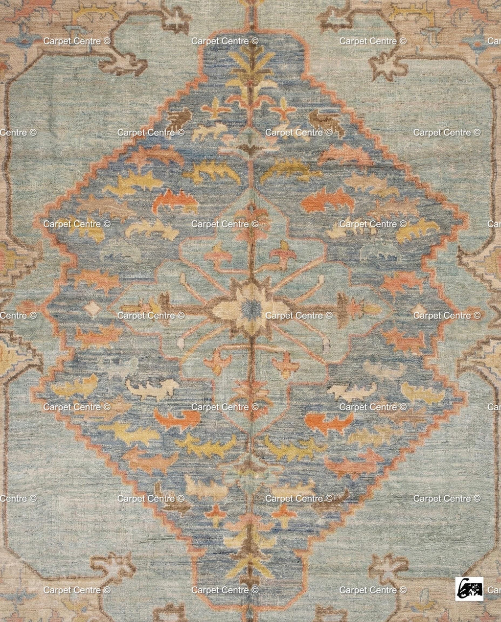 Handmade Oushak Wool Rug, Blue & Coral Medallion, Turkish Knot
