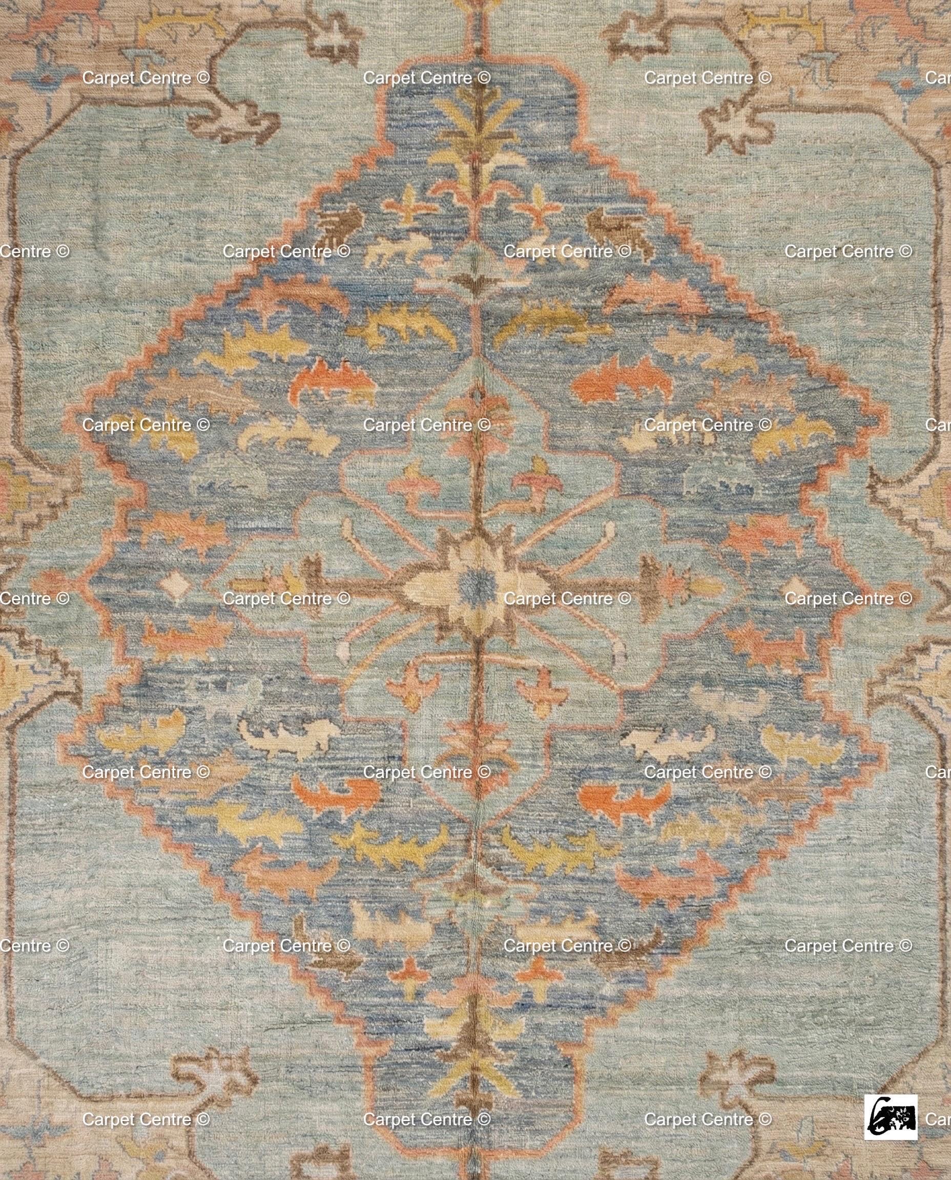 Handmade Oushak Wool Rug, Blue & Coral Medallion, Turkish Knot