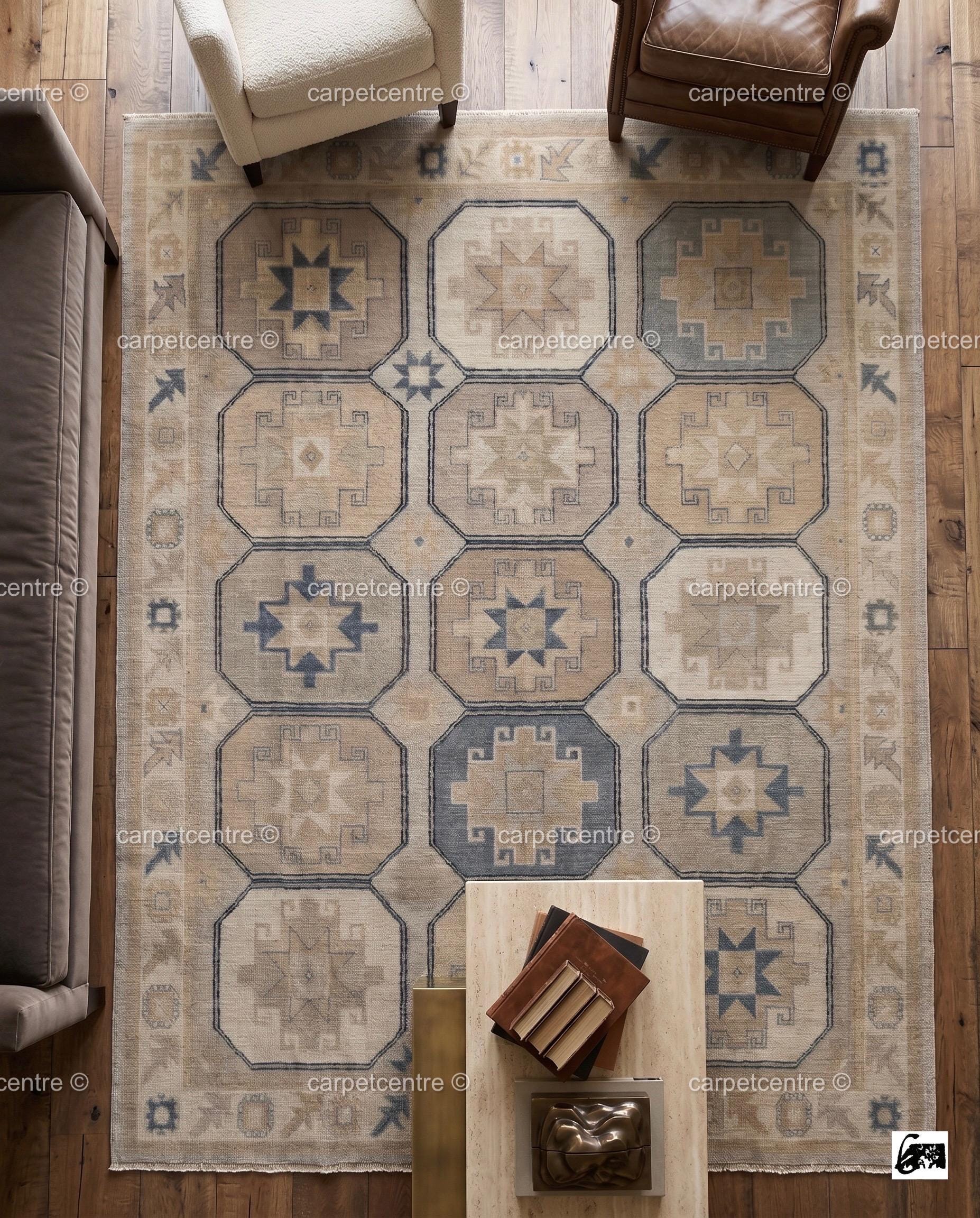 Geometric Oushak Rug | Muted Beige, Tan, Slate Blue Turkish Area Rug | Farmhouse Boho Style