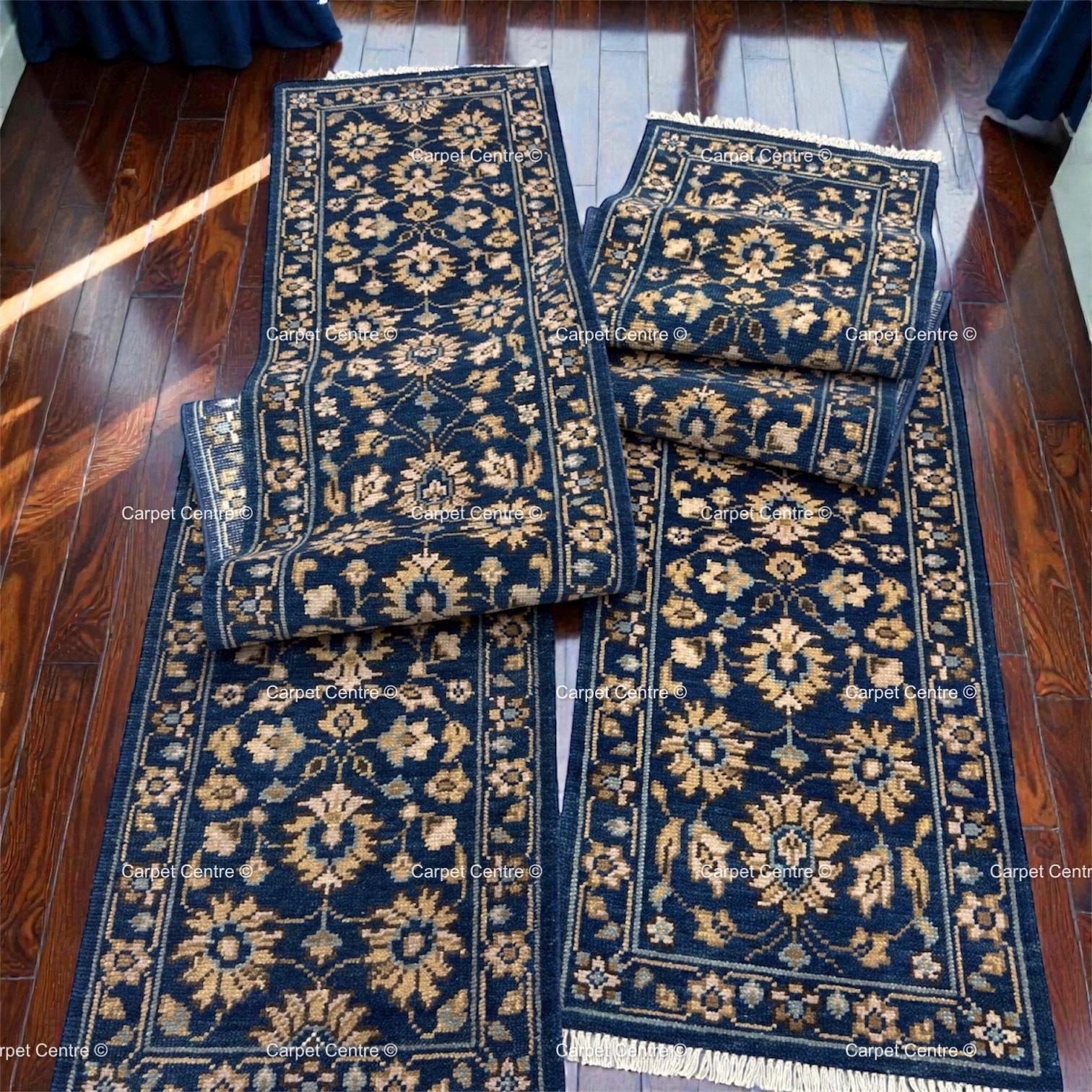 Hand-Knotted Wool Runner Rug | Navy Blue Oushak Floral Hallway Carpet