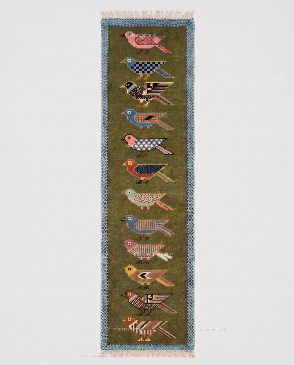 Handmade Wool Runner Rug Folk Art Bird Design, Green Carpet, Hallway-Entryway-Kitchen-Bathroom Runner